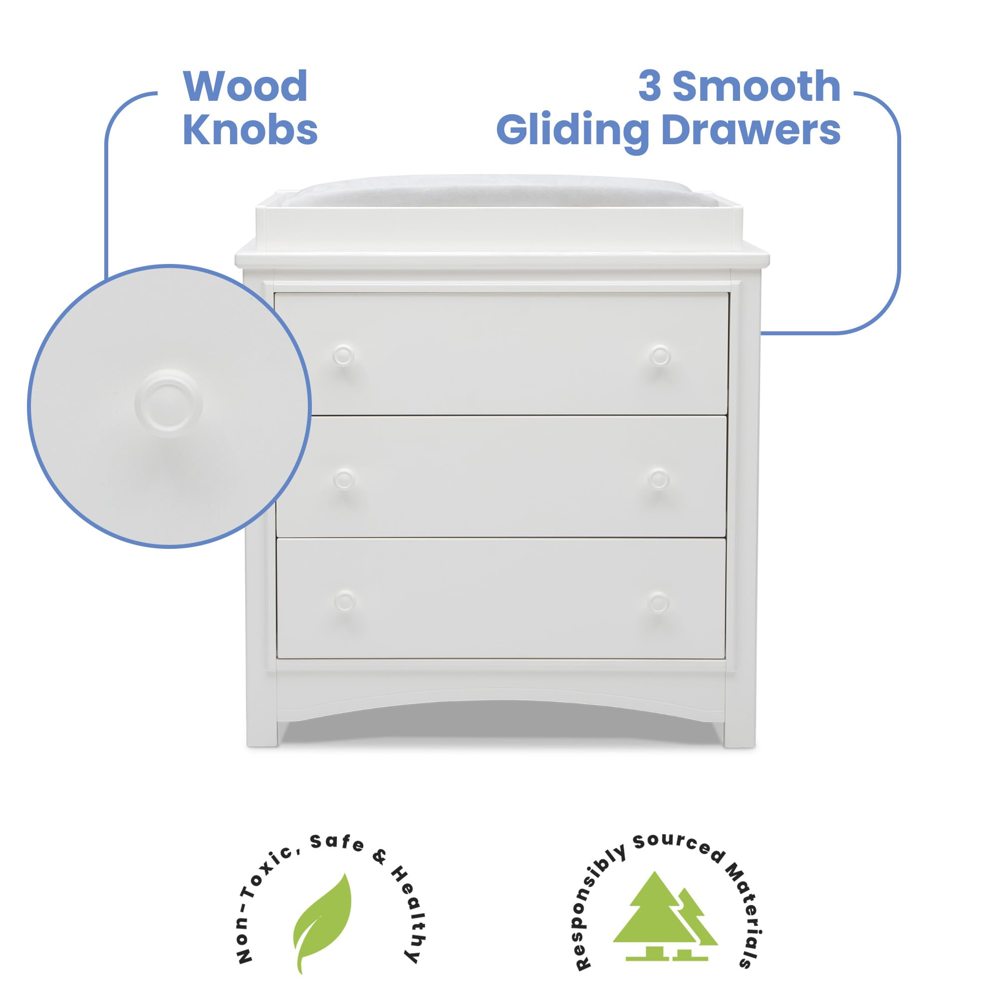Delta Children Perry 3-Drawer Dresser with Changing Top & Safety Interlocking Drawers - White Nursery Furniture for Baby Room Organization & Diaper Changing Station
