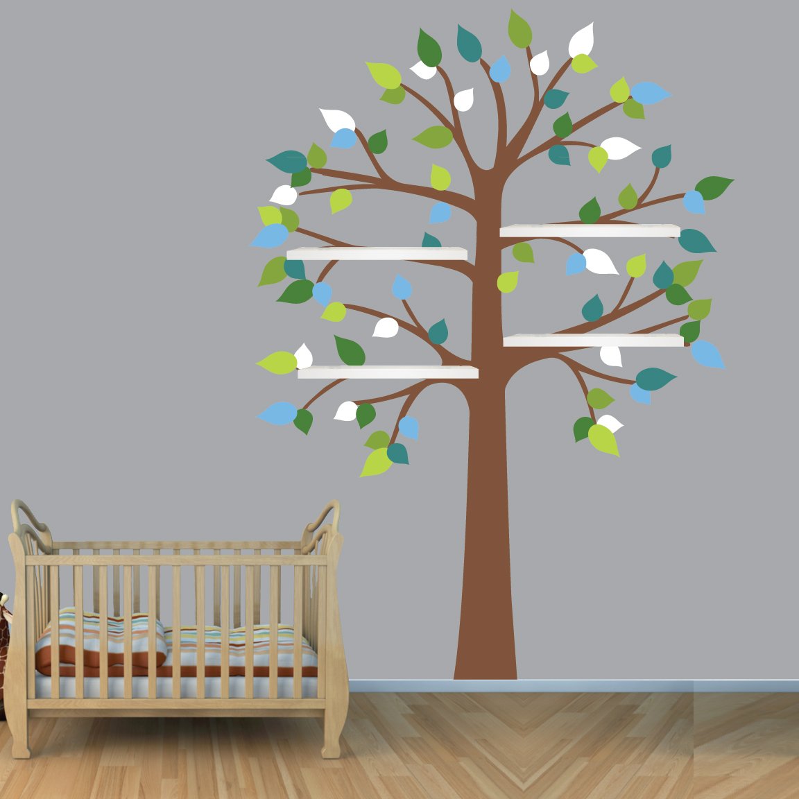 Green and White Fabric Tree Wall Decals - Removable Shelf Tree Stickers for Nursery, Bedroom & Living Room Decor