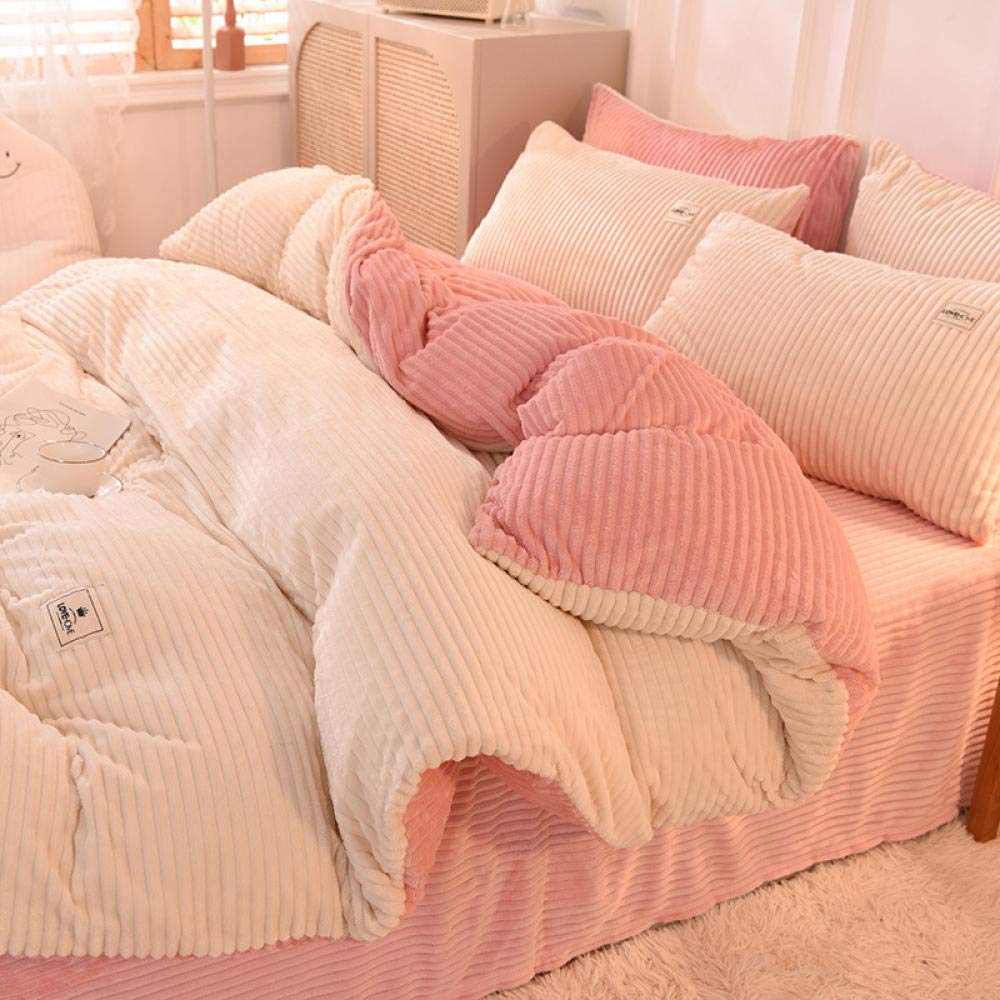 King Size Duvet Cover Set - 4 Piece Coral Fleece & Double-Sided Flannel Winter Bedding with Velvet Thickening in Beige Pink (1.8m Bed) - Ultra Soft & Warm for Cold Weather, Perfect for Master Bedroom or Guest Room