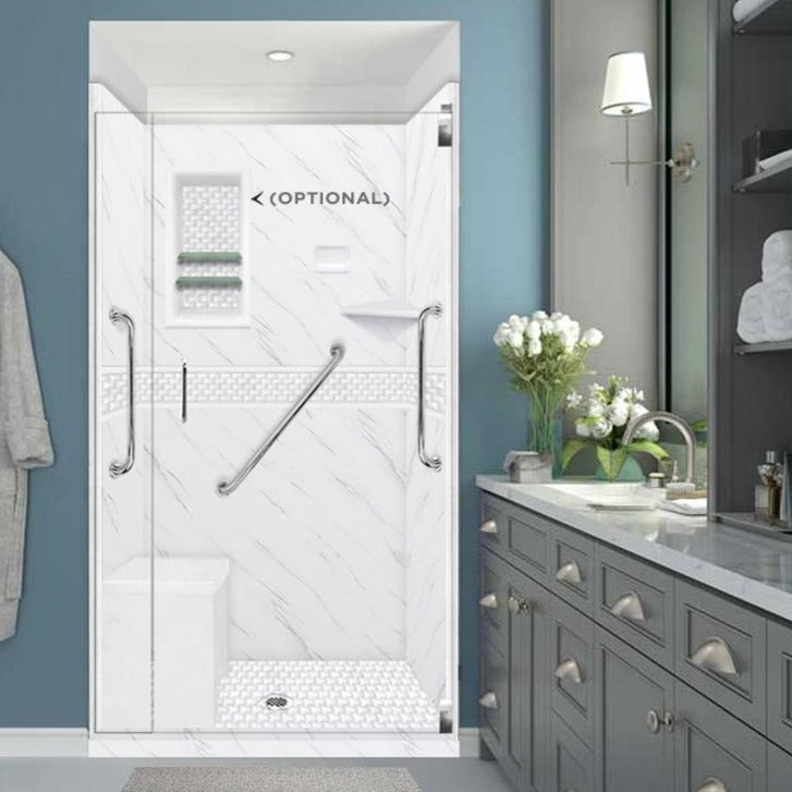 Freedom 60 Alcove Carrara Medici Marble & Jewel Stone Accent DIY Shower Remodel Kit - Luxury Bathroom Upgrade for Home Renovation & Spa-Like Shower Experience