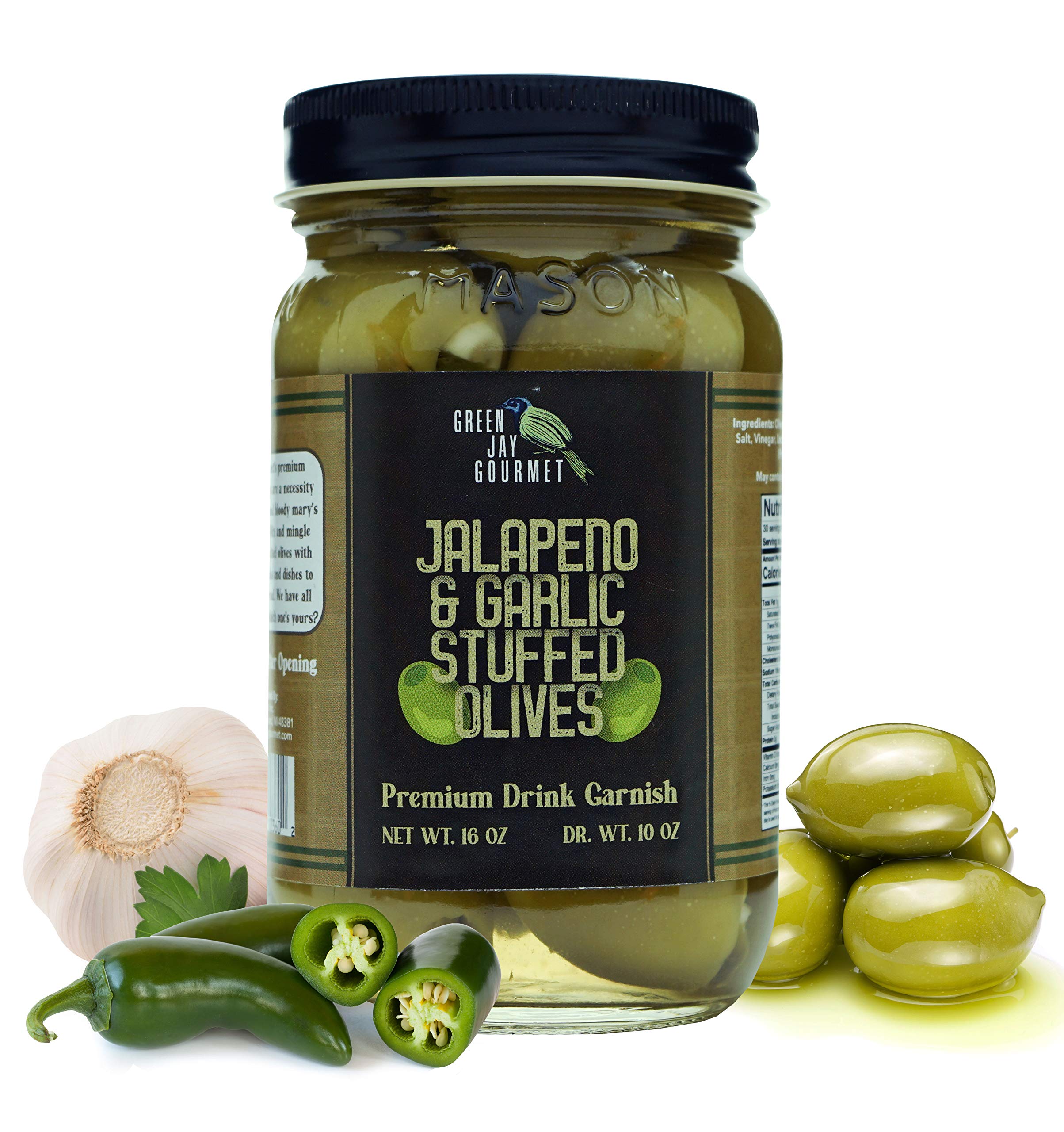 Premium Green Jay Gourmet Double Stuffed Olives - Jalapeno & Garlic Stuffed Large Green Olives (16oz) | All Natural Gourmet Olives for Dirty Martinis, Cocktail Garnish, Charcuterie & Cheese Boards | Perfect for Parties, Home Bars & Gourmet Cooking