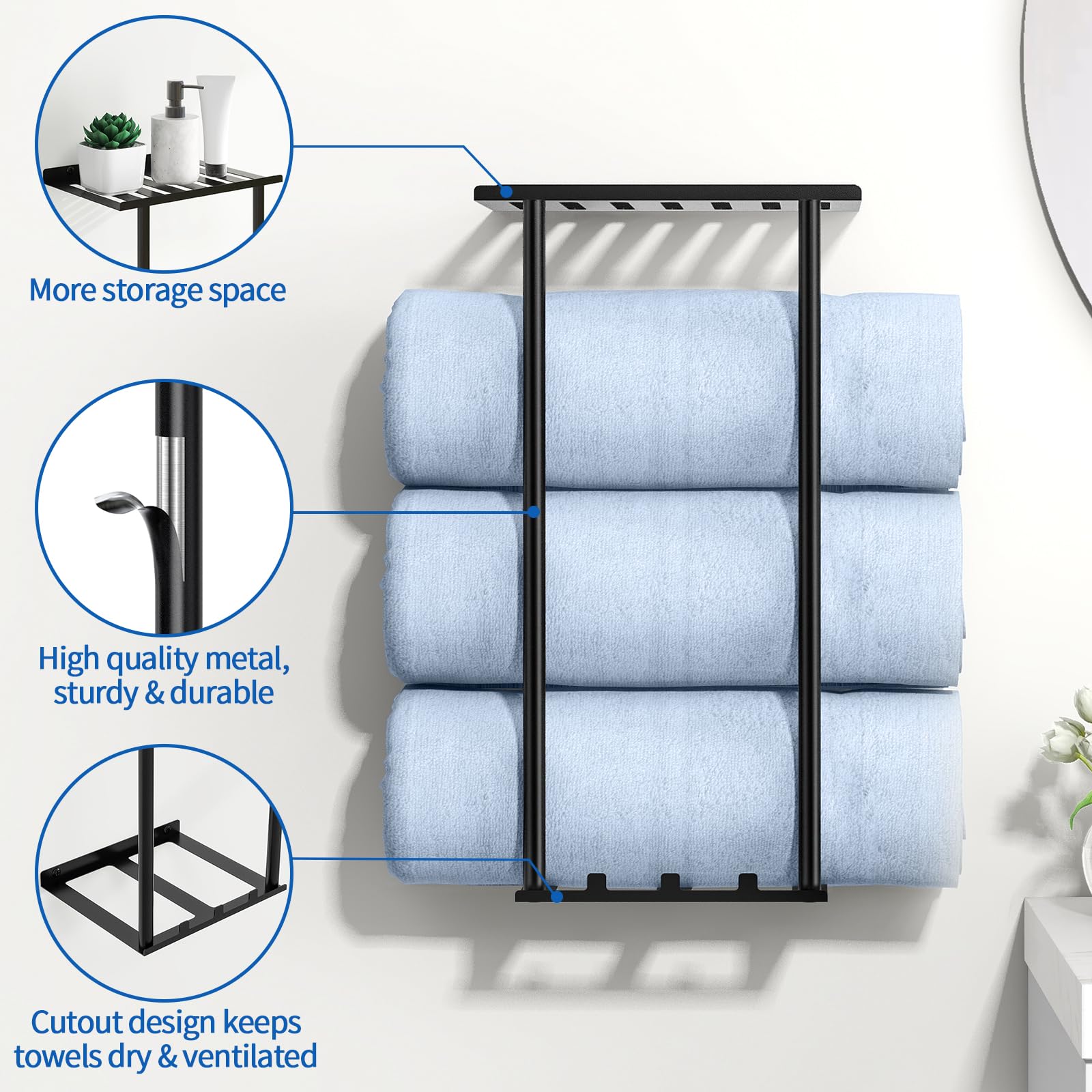 Sturdy Metal Wall Mounted Towel Rack for Bathroom - Rustproof Towel Holder with Hooks for Large & Rolled Towels | Space-Saving Bathroom Storage Solution (Black) - Perfect for Small Bathrooms, Spa-Like Showers & Organized Powder Rooms