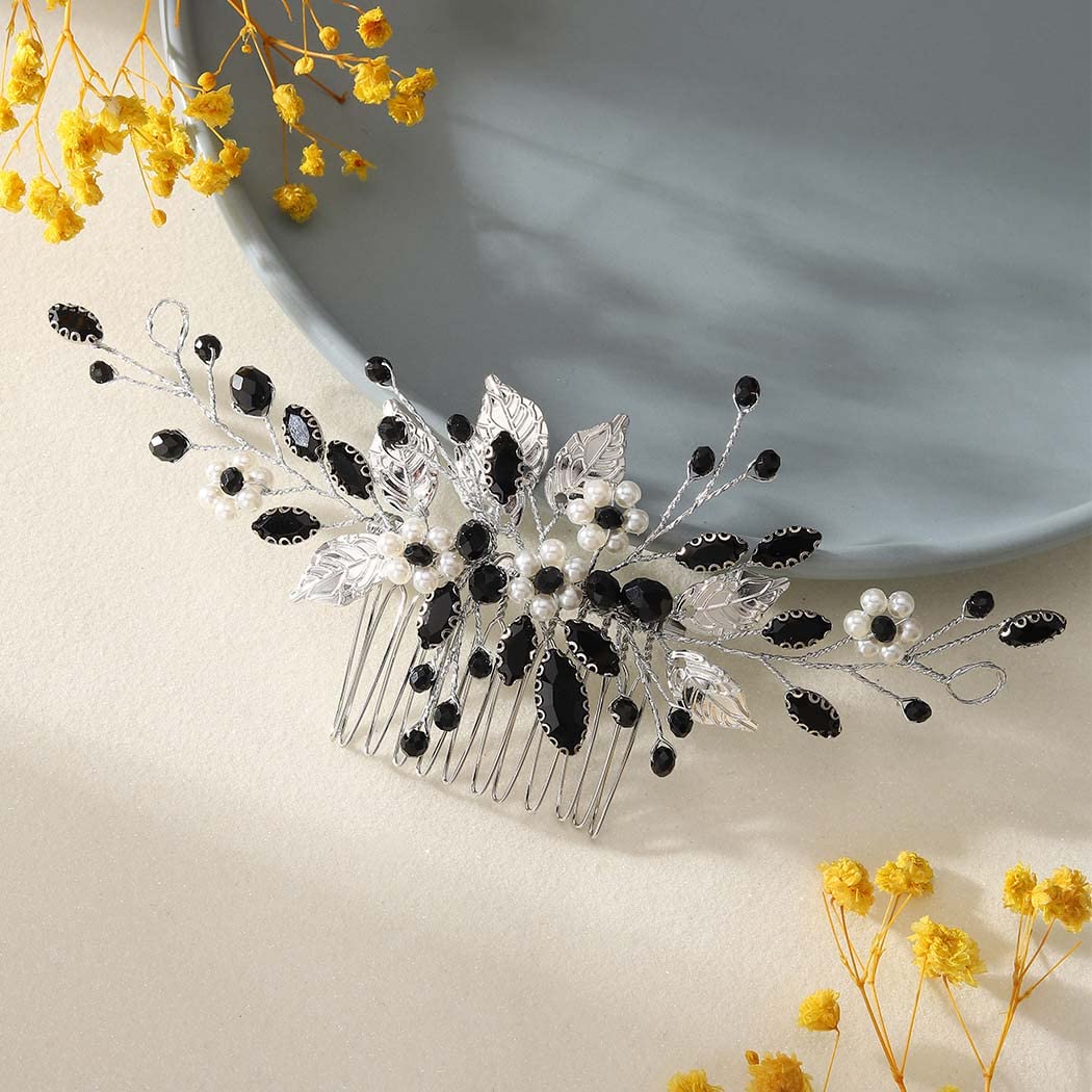 Zoestar Black Flower Pearl Bridal Hair Comb - Crystal Leaf Wedding Headpiece for Women & Girls | Perfect for Brides, Bridesmaids, and Special Occasions