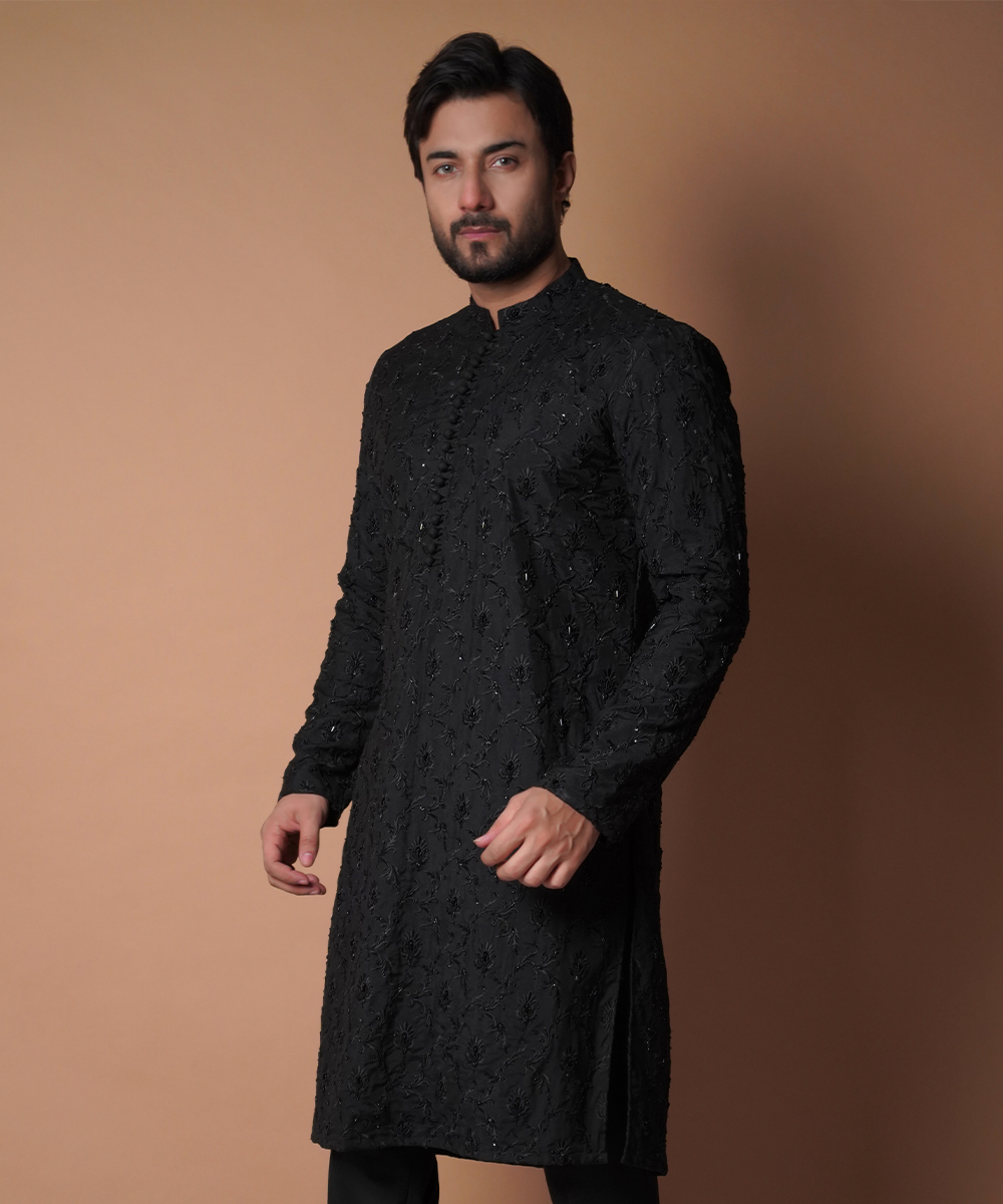 Hand Embroidered Black Paradise Kurta & Pants Set for Women - Elegant Traditional Indian Outfit for Festivals, Weddings & Special Occasions