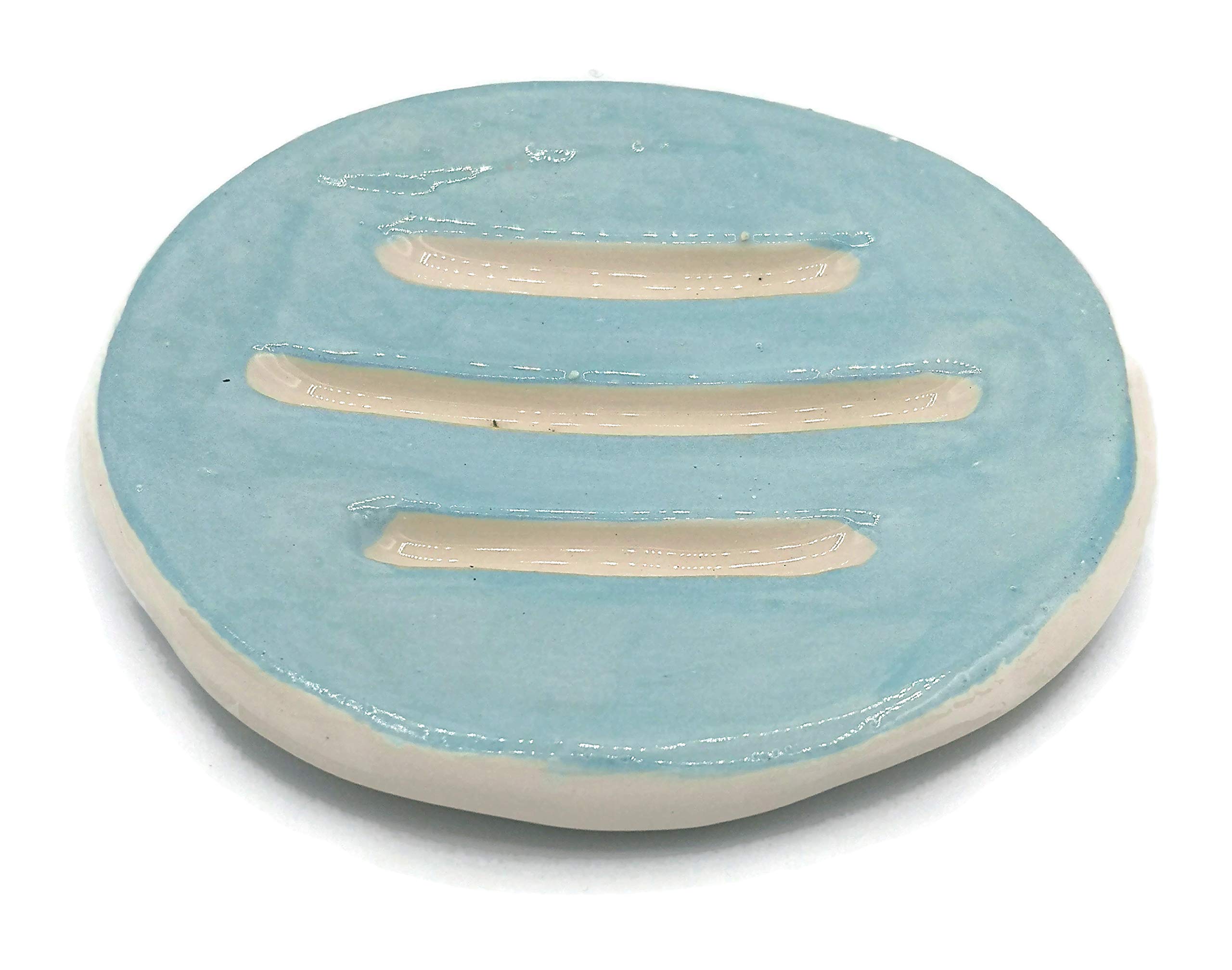 Ceramic Soap Dish and Sponge Holder for Bathroom or Kitchen - Turquoise Blue | Non-Slip Drainage Tray for Showers, Sinks, and Countertops