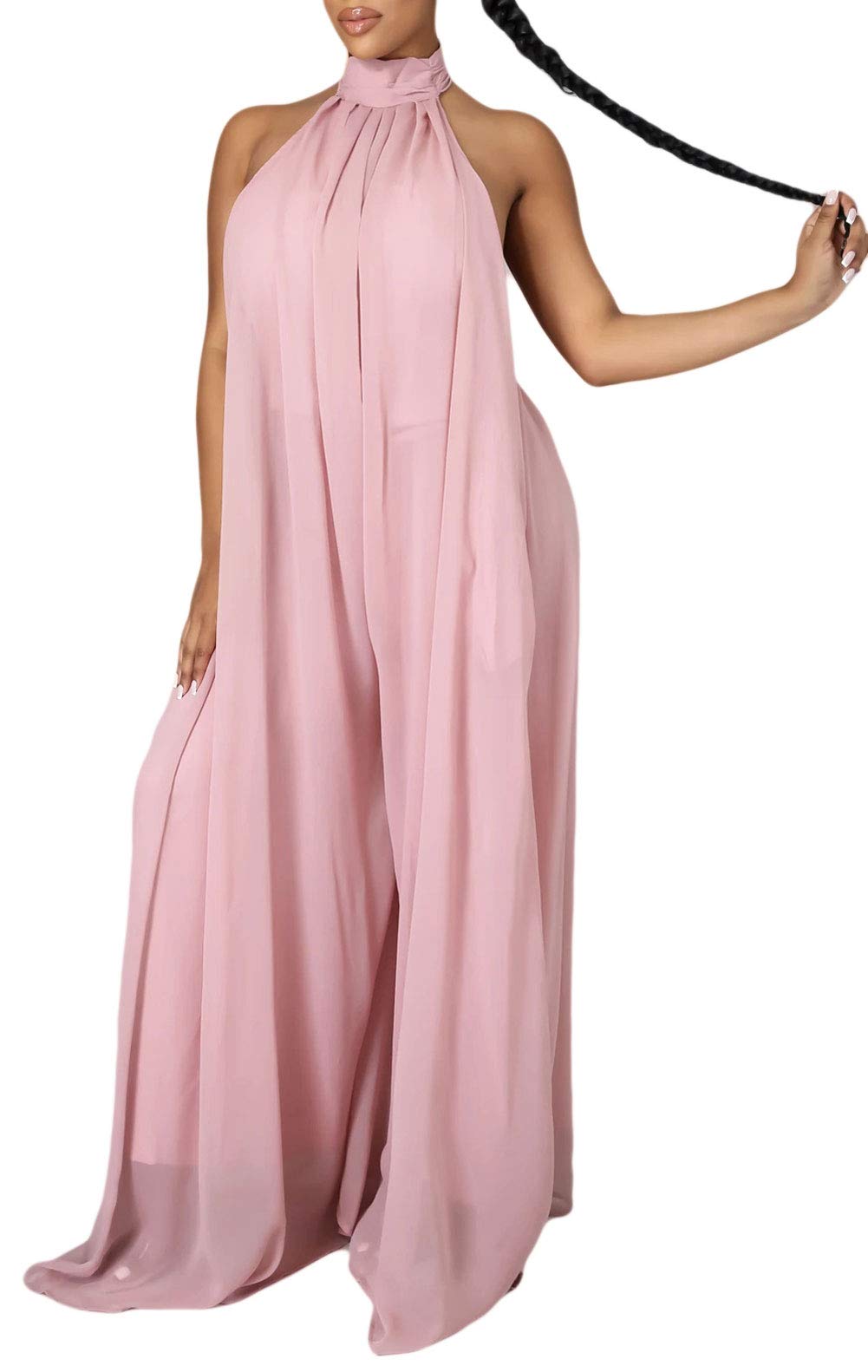 CHARTOU Women's Elegant Loose Fit Chiffon Halter Neck Backless Wide Leg Jumpsuit - Summer Beach Wedding Party Outfit for Vacation & Date Night