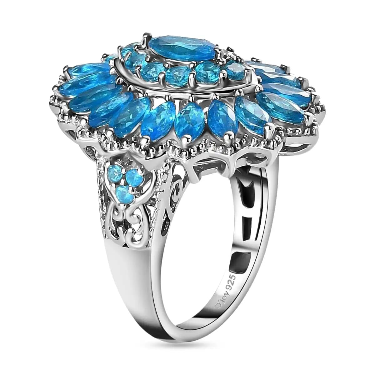 2.9 Ct 925 Sterling Silver Platinum Plated Neon Apatite Cluster Ring for Women - Size 6 | Engagement, Anniversary, Wedding, Promise, Birthday Gift | Perfect for Date Nights, Parties & Special Occasions