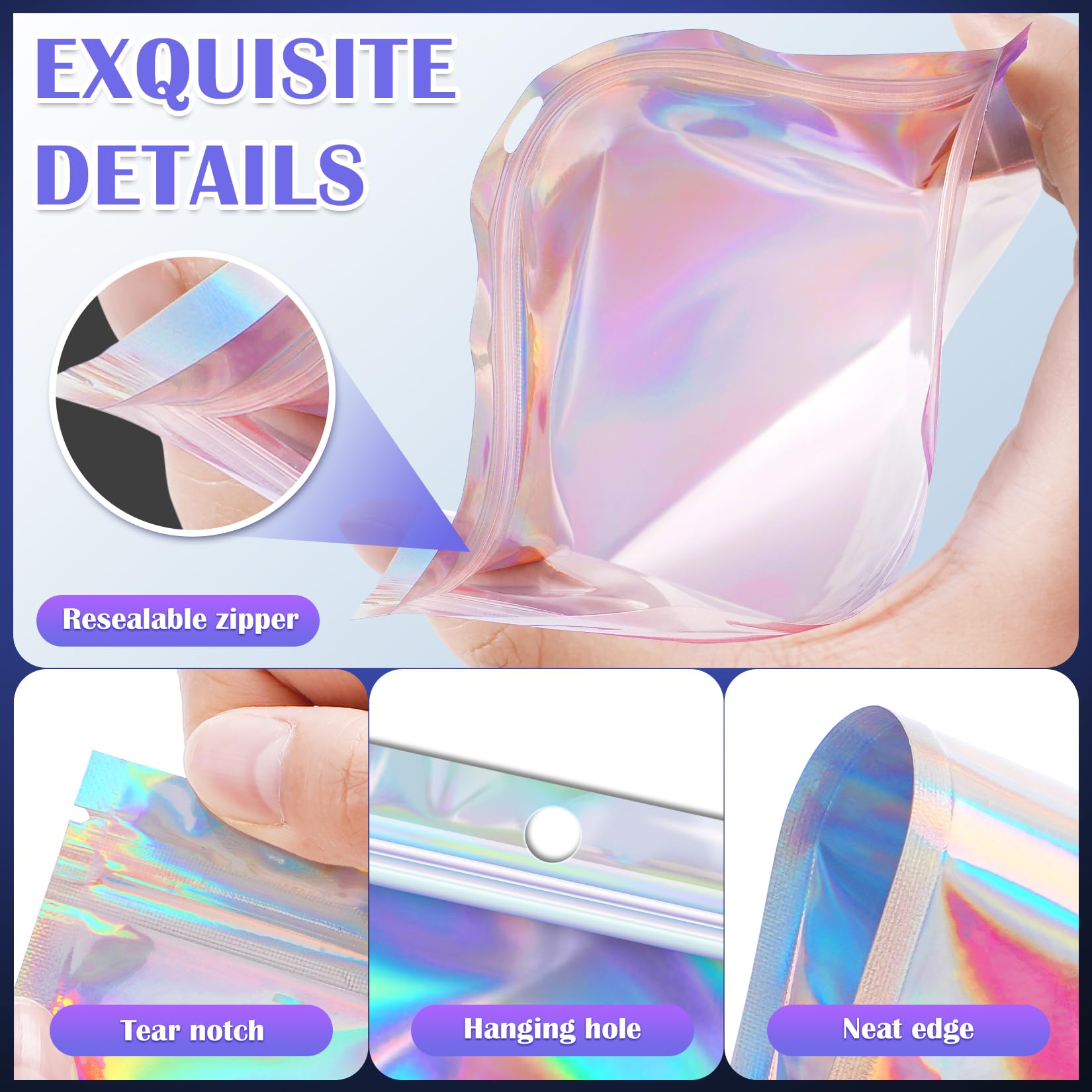 100 Pcs 3x5in Mylar Bags - Holographic Smell Proof Resealable Foil Pouches for Candy, Treats, Jewelry & Bracelets | Small Business Packaging, Freshie Bags & Sample Bags - Perfect for Retail, Gifts & Storage
