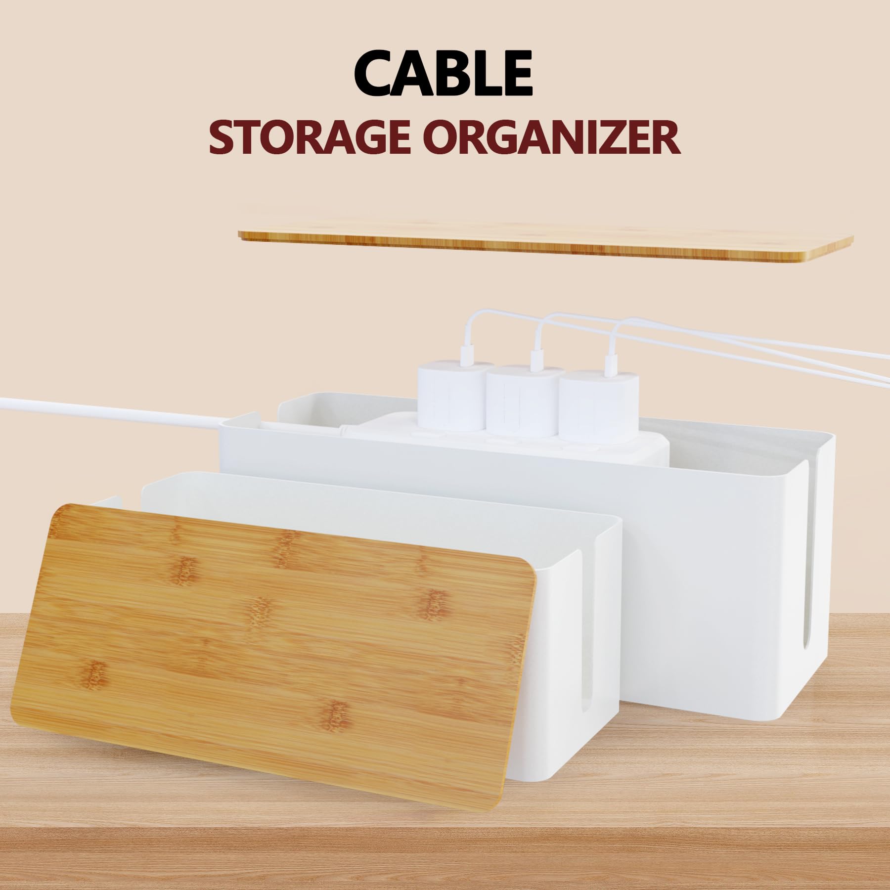 Large Cable Management Box with Locking Wood Lid - Organize Wires for Office & Home, Baby & Pet Proof (White, 1 Pack) - Perfect for Desk, TV Stand & Entertainment Center Cable Organization
