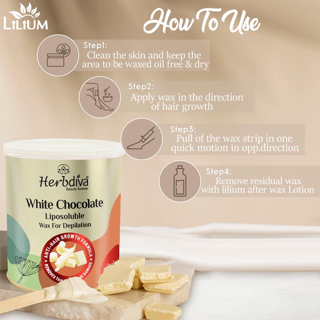 Herbdiva White Chocolate Milky Wax 800g | Hydrosoluble Hair Removal Wax for Smooth Skin | Enriched with Cocoa Butter & Shea Butter | Professional Salon & Home Use | Ideal for Legs, Arms, Bikini & Facial Hair Removal