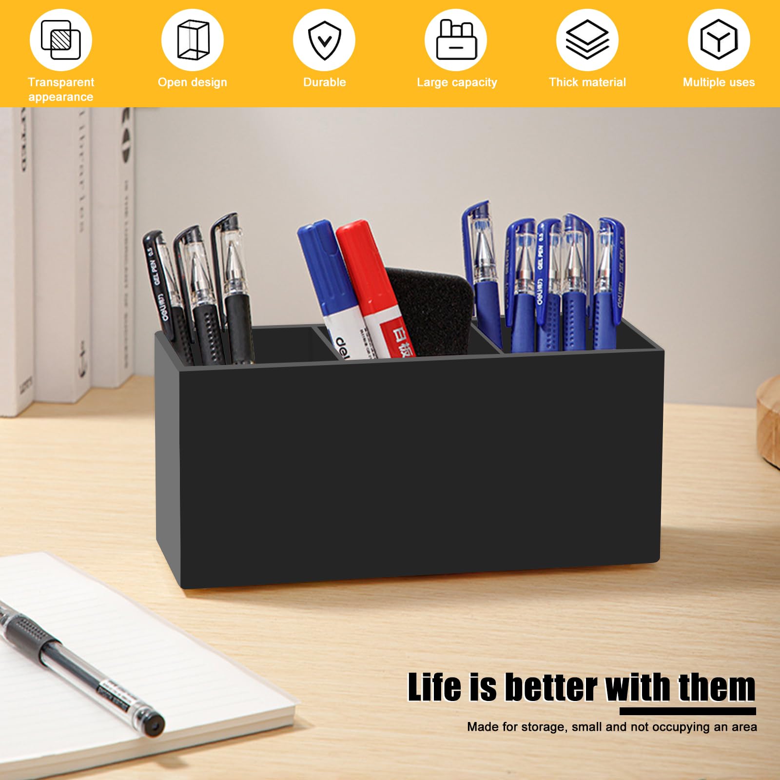 Black Acrylic Makeup Brush Organizer with 3 Slots - Cosmetic Brush Storage Holder & Desk Pencil Pen Organizer - Perfect for Vanity, Bathroom Counter, and Office Desk Accessories