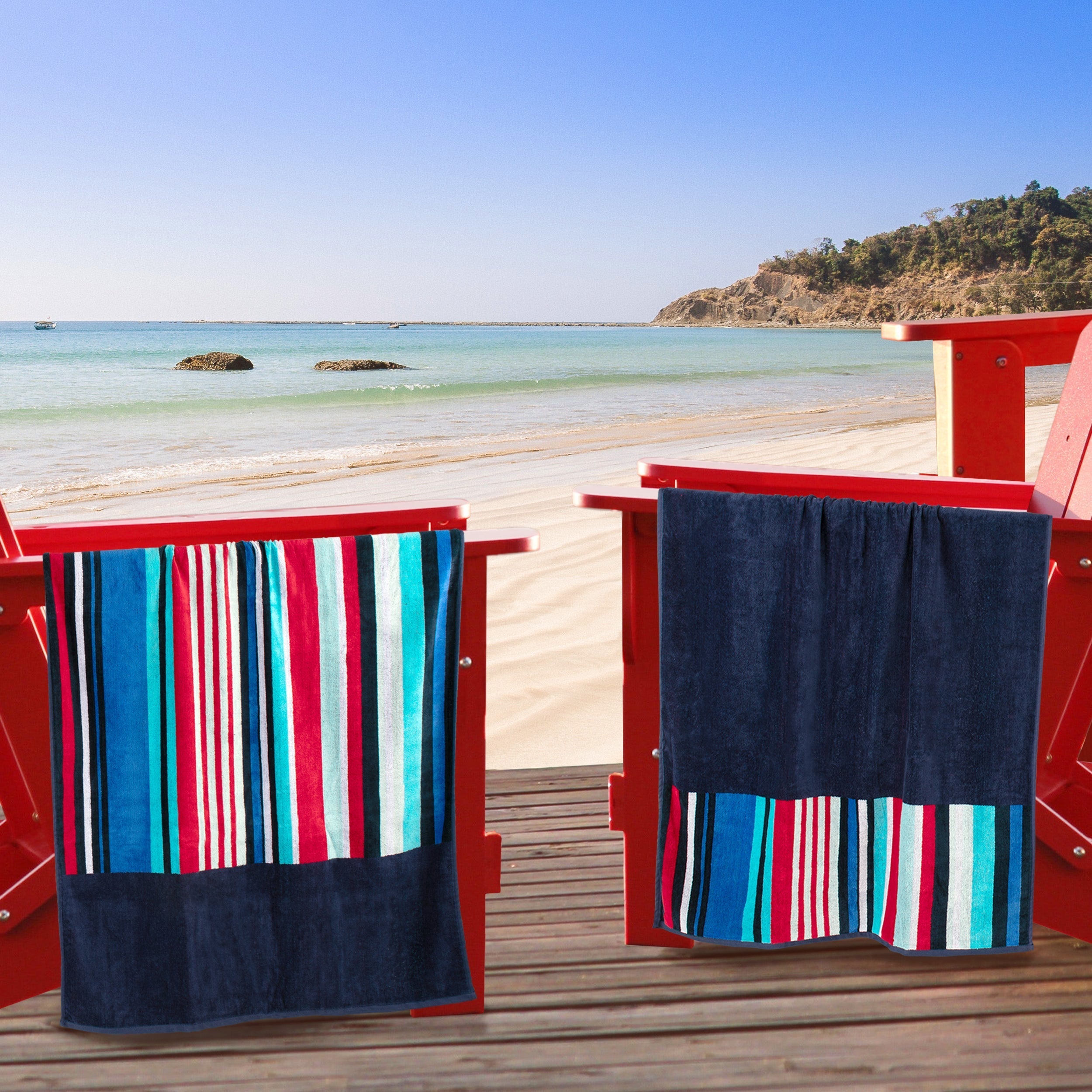 Nautical Stripe Cotton Oversized 4-Piece Beach Towel Set - Soft, Absorbent & Quick-Drying for Pool, Beach, Vacation & Outdoor Use