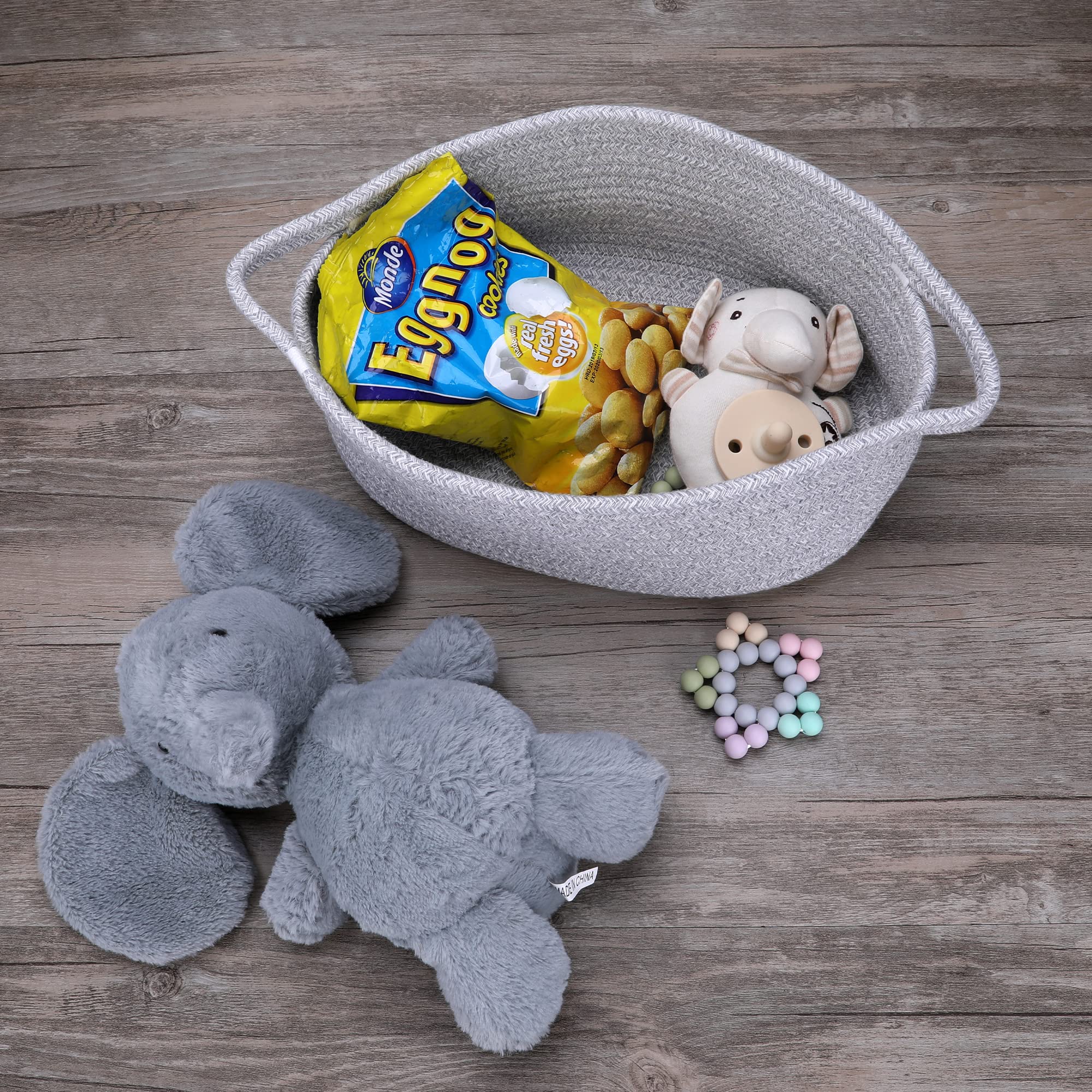 Small Woven Cotton Rope Storage Basket with Handle - Cute Oval Baby Nursery Organizer, Pet Toy Bin, Easter Gift Basket for Kids Room, Home Decor (Grey) - Perfect for Organizing Toys, Blankets, and Household Items