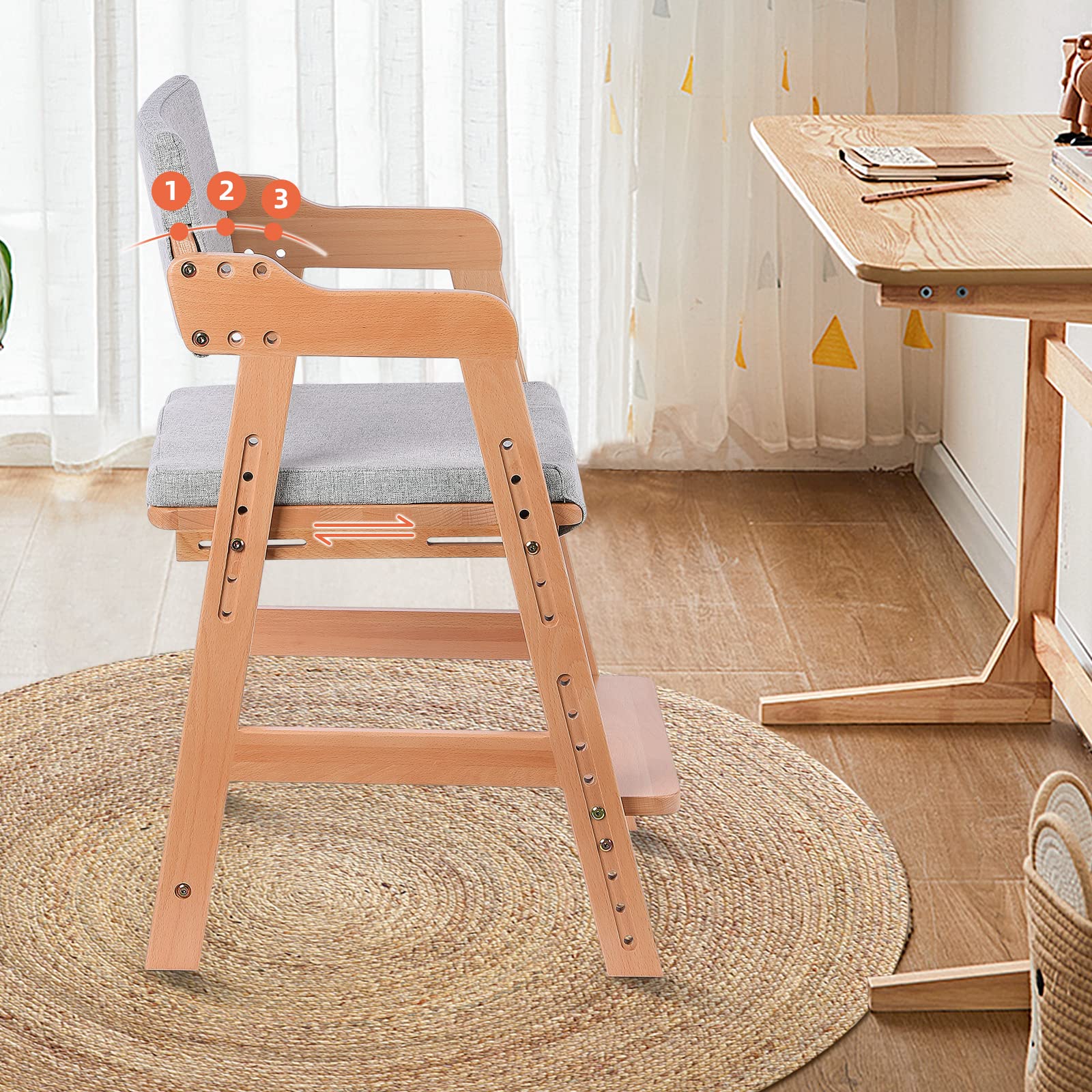 Ezebaby Adjustable Wooden High Chair for Toddlers to Teens - Kids Study & Dining Chair with Removable Cushion & Steps - Natural Wood Color - Perfect for Homeschooling, Mealtime & Playroom