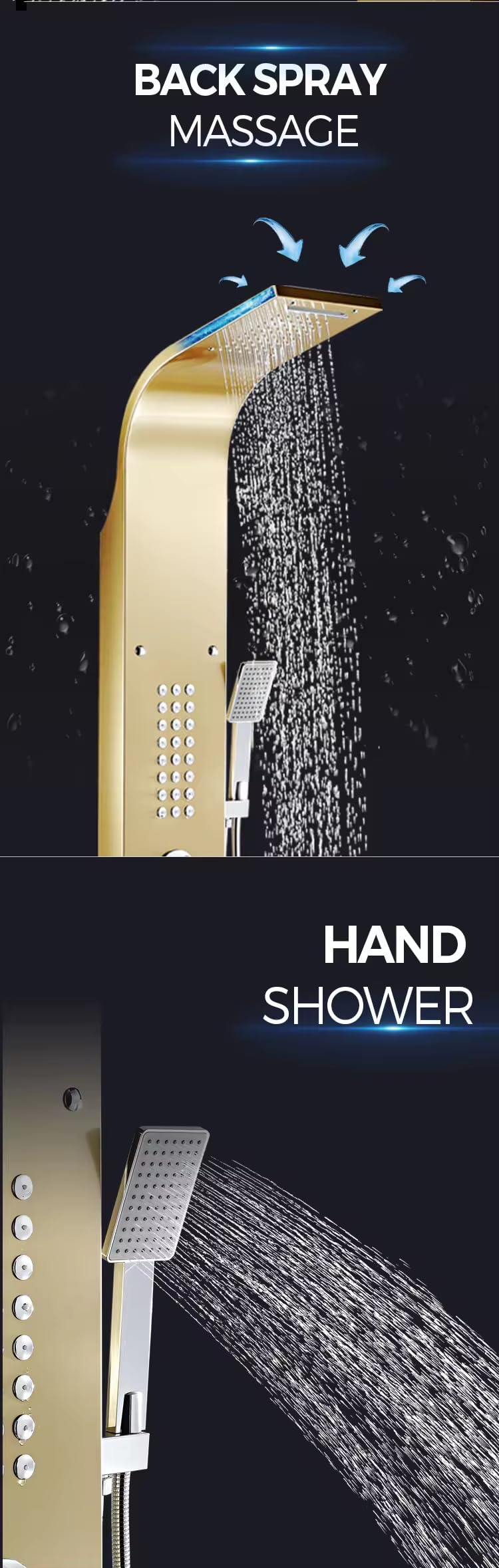 Stainless Steel Shower Panel Set - Dual Flow Overhead Waterfall & Handheld Shower - Wall Mount Bathroom Fixture in Gold Glossy Finish | Perfect for Modern Bathroom Renovation & Spa-Like Shower Experience