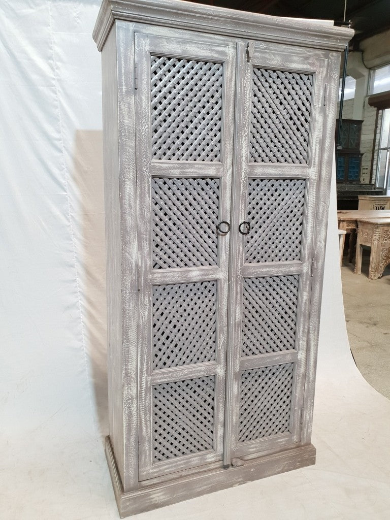 French Style Jali Carved Cabinet Pantry Cupboard - Grey & White Rustic Design (180cm) for Living Room, Dining Room & Kitchen Storage
