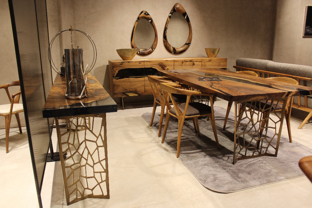 Voronoi Collection Walnut Wood and Resin Sofa & Entry Table - Modern Handcrafted Furniture for Living Room and Entryway Decor