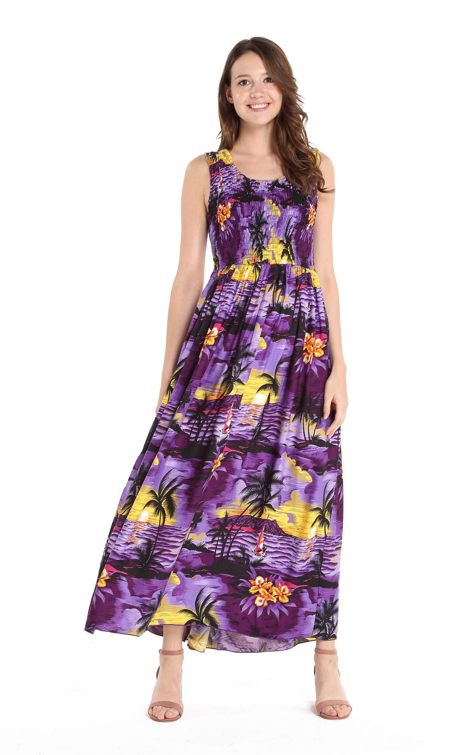 Women's Hawaiian Maxi Tank Dress - Elastic Waist Luau Summer Dress with Sunset Floral Print | Beach Vacation, Pool Party, Tropical Getaway Outfit