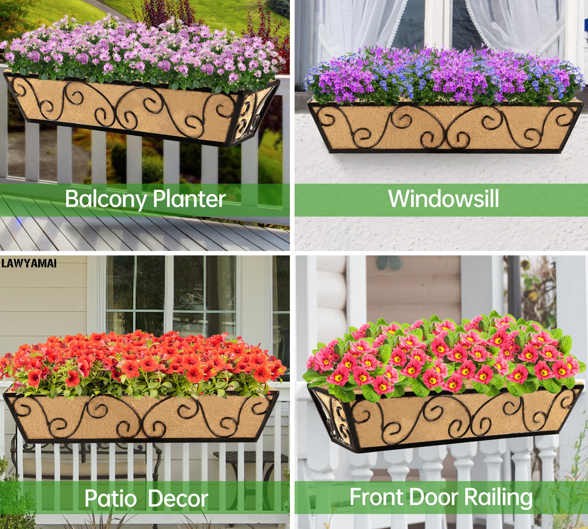 2 Pack 24 Inch Window Box Planter with Coco Liner - Metal Hanging Flower Basket for Deck, Railing, Indoor & Outdoor Use - Perfect for Herbs, Flowers, and Small Plants in Home Garden Decor