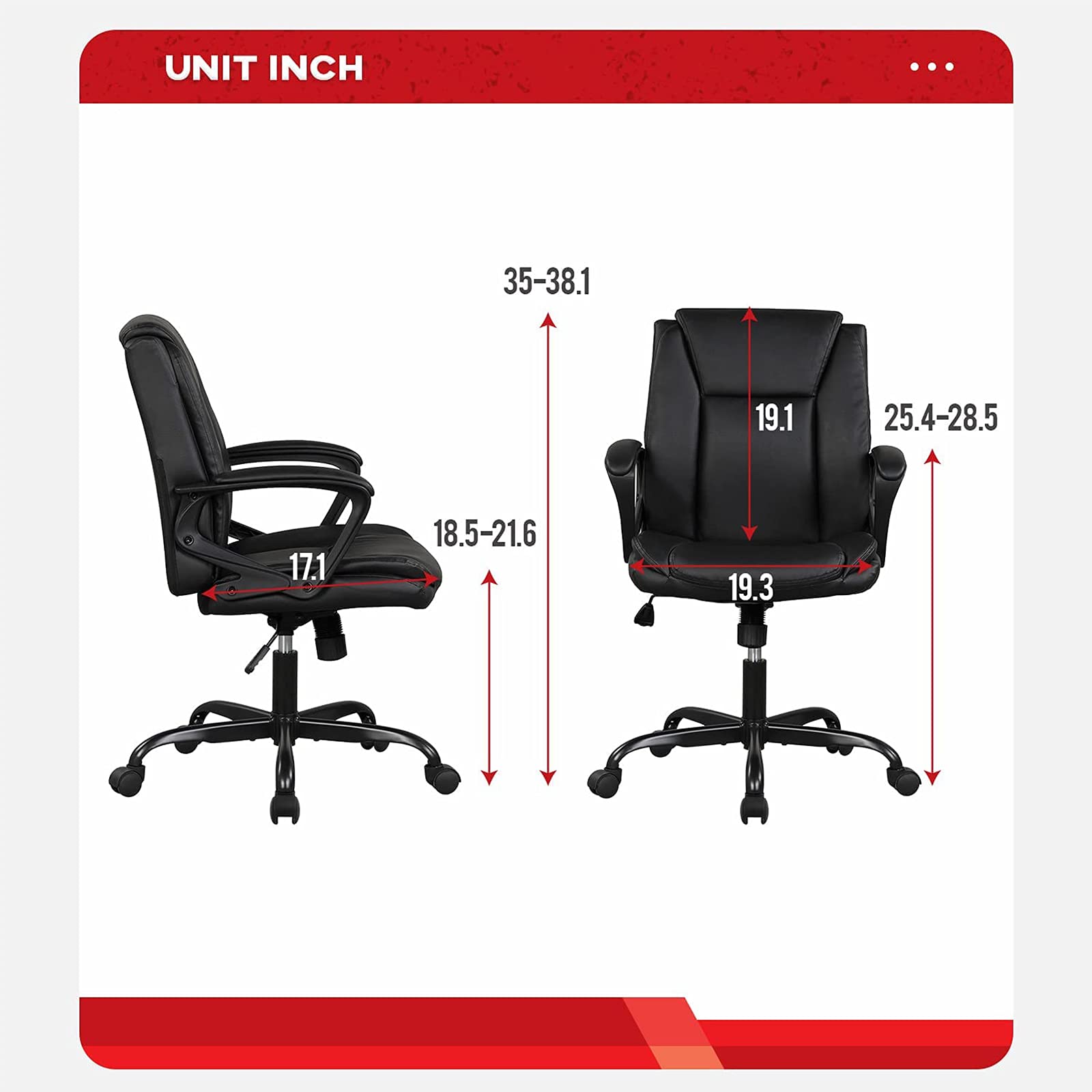 Ergonomic Home Office Chair - Adjustable Height PU Leather Desk Chair with Lumbar Support & Armrests - Mid Back Executive Swivel Rolling Task Chair for Computer Work (Black) - Perfect for Long Work Hours, Gaming, and Remote Work Setup
