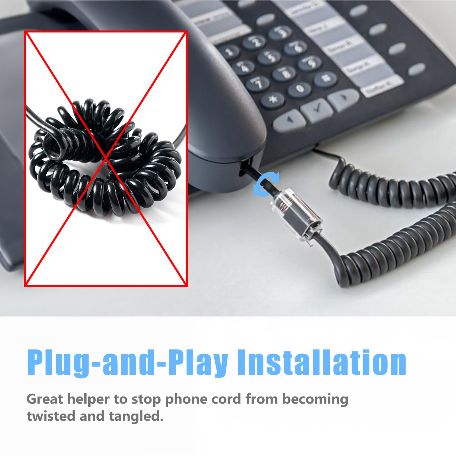 Phone Cord Detangler for Desk Phone - 1 Pack 8 Ft Uncoiled (1.4 Ft Coiled) Landline Cord & 360° Rotating Tangle-Free Telephone Cord Organizer - Black | Perfect for Home Office, Call Centers & Workspace Organization