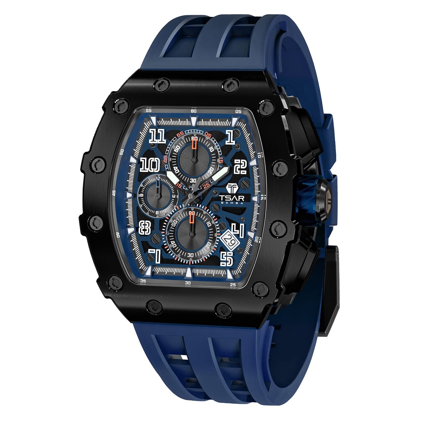 TSAR BOMBA Men's Luxury Chronograph Watch - 50M Waterproof, Luminous, Date Display, Japanese Quartz Movement, Sapphire Crystal, Silicone Strap - Fashion Sport Watch for Men - Perfect for Business, Casual Wear & Outdoor Activities