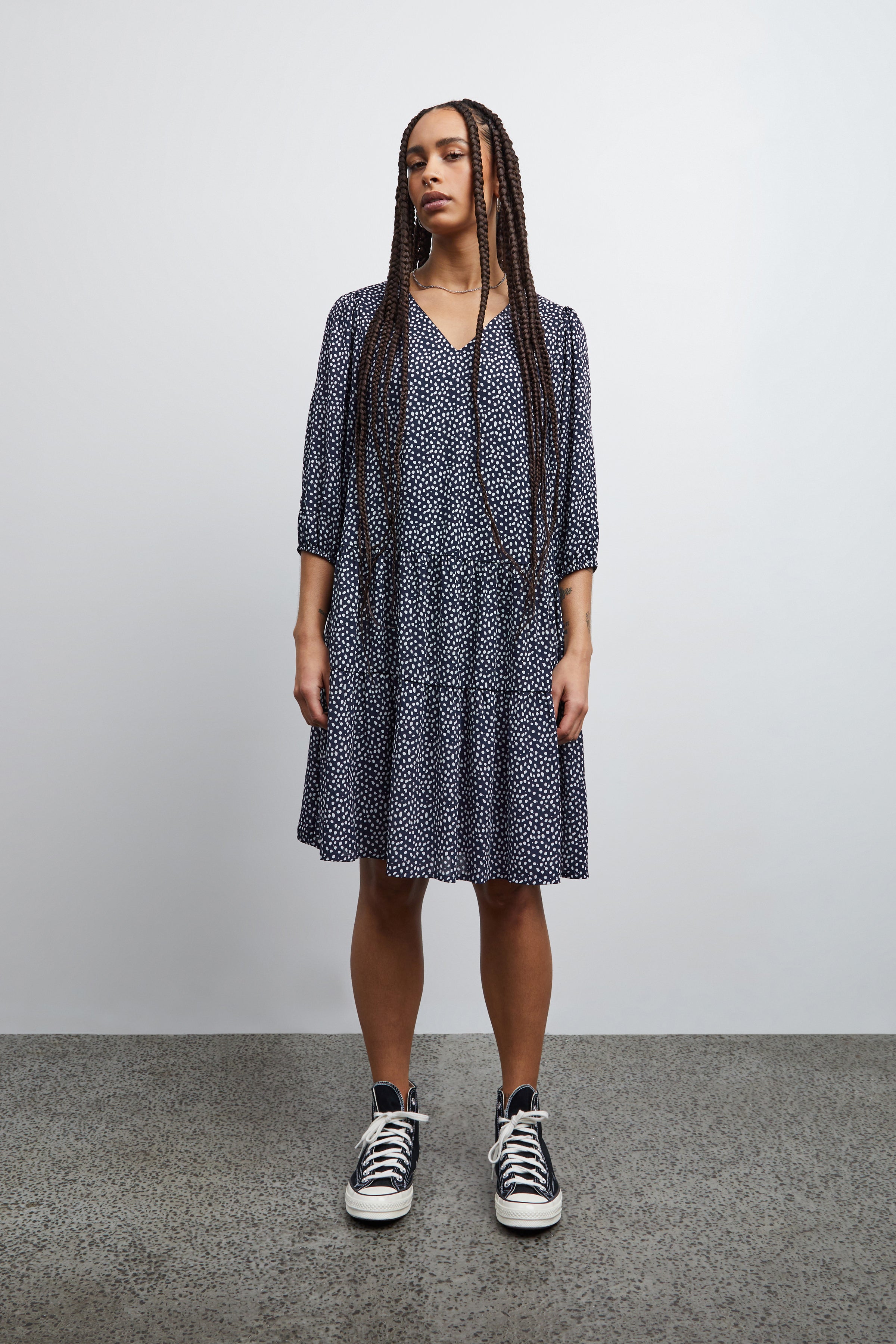 Luma Polka Dot Smock Dress in Navy Blue - Stylish & Comfortable Casual Wear for Women, Perfect for Summer Outings, Beach Trips, and Brunch Dates