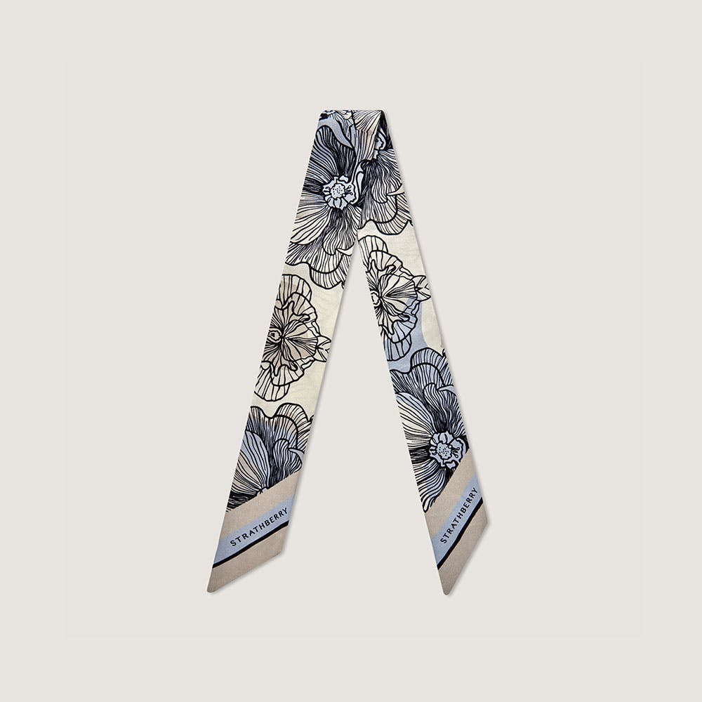 Floral Blue and Vanilla Silk Skinny Scarf - Lightweight Fashion Accessory for Women - Perfect for Office, Travel, and Special Occasions