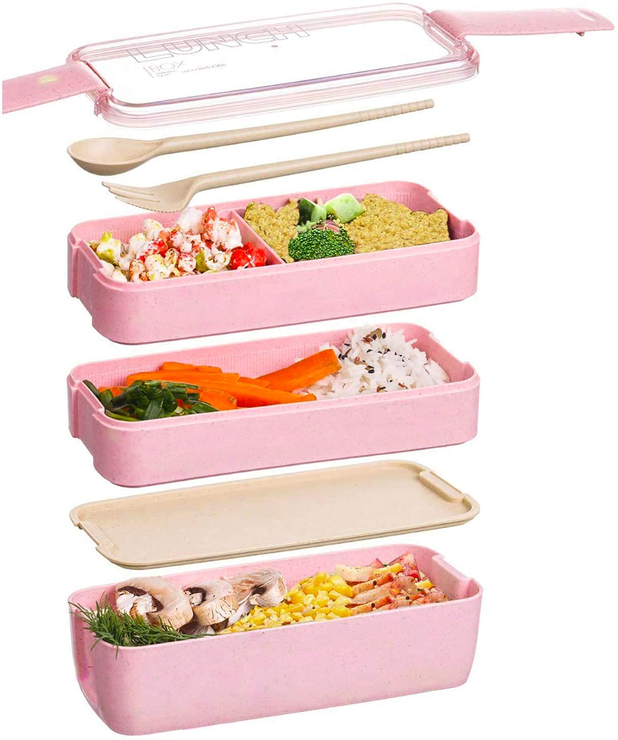 Japanese Bento Box Lunch Box - 3-in-1 Compartment Reusable Meal Prep Container with Fork & Spoon (Pink) | Perfect for Office Lunch, School Meals & Picnics