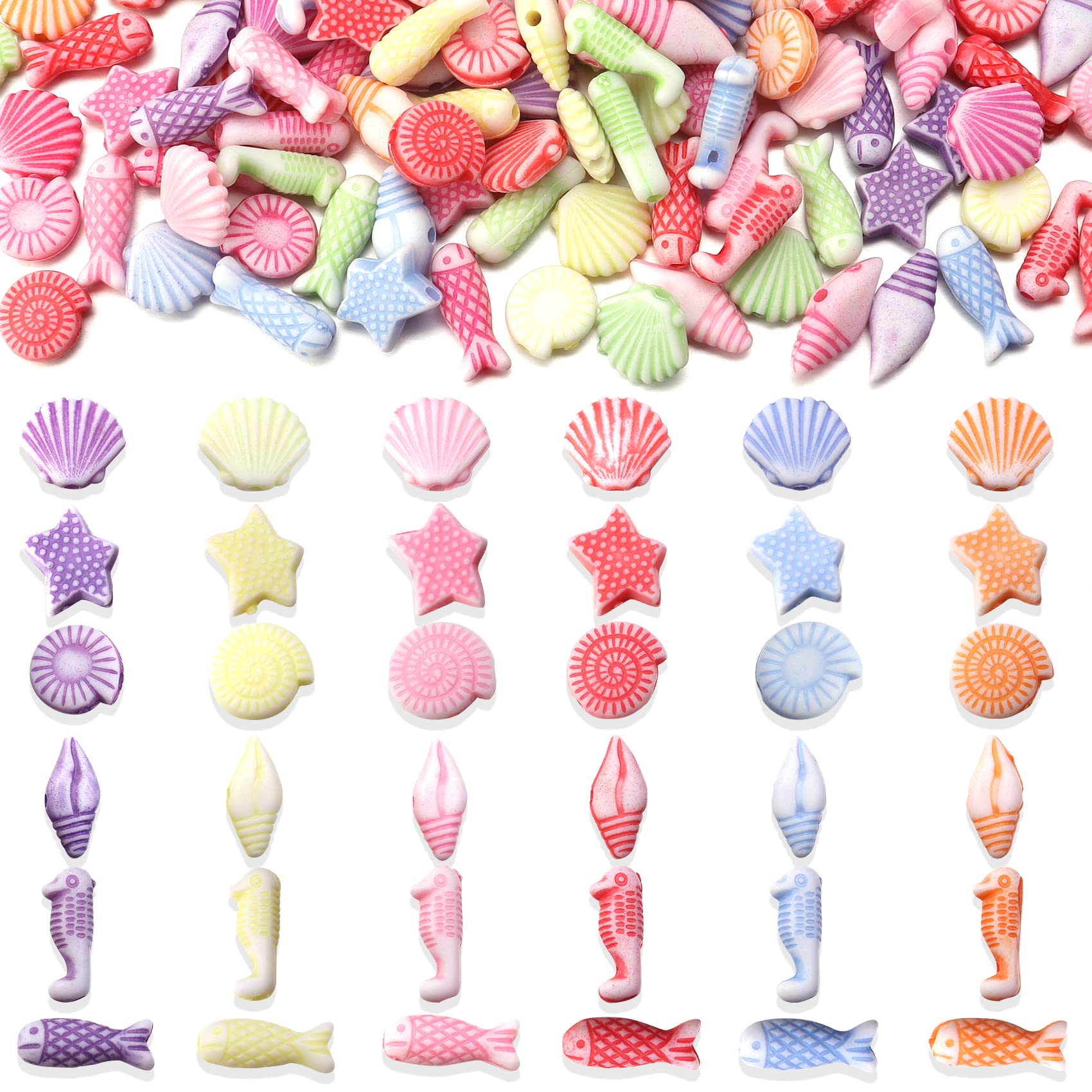 200pcs Acrylic Beads Mixed Shells Starfish Scallops - Marine Organism Spacer Beads for DIY Jewelry Making, Bracelets, Necklaces - Perfect for Beach Theme Crafts, Party Favors, and Home Decor