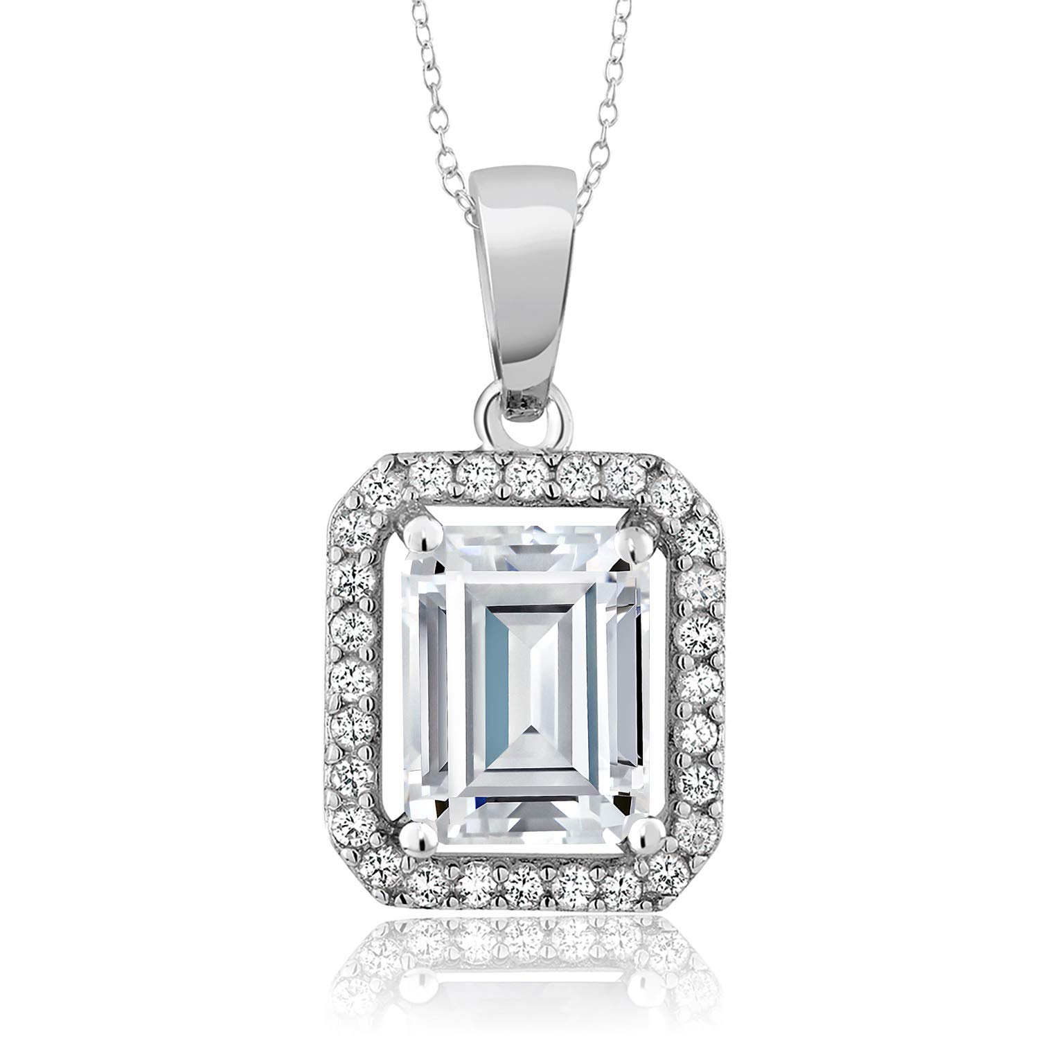 Gem Stone King 925 Sterling Silver Emerald Cut 9x7mm Birthstone Halo Pendant Necklace for Women - 18 Inch Silver Chain | Perfect for Birthdays, Anniversaries & Special Occasions