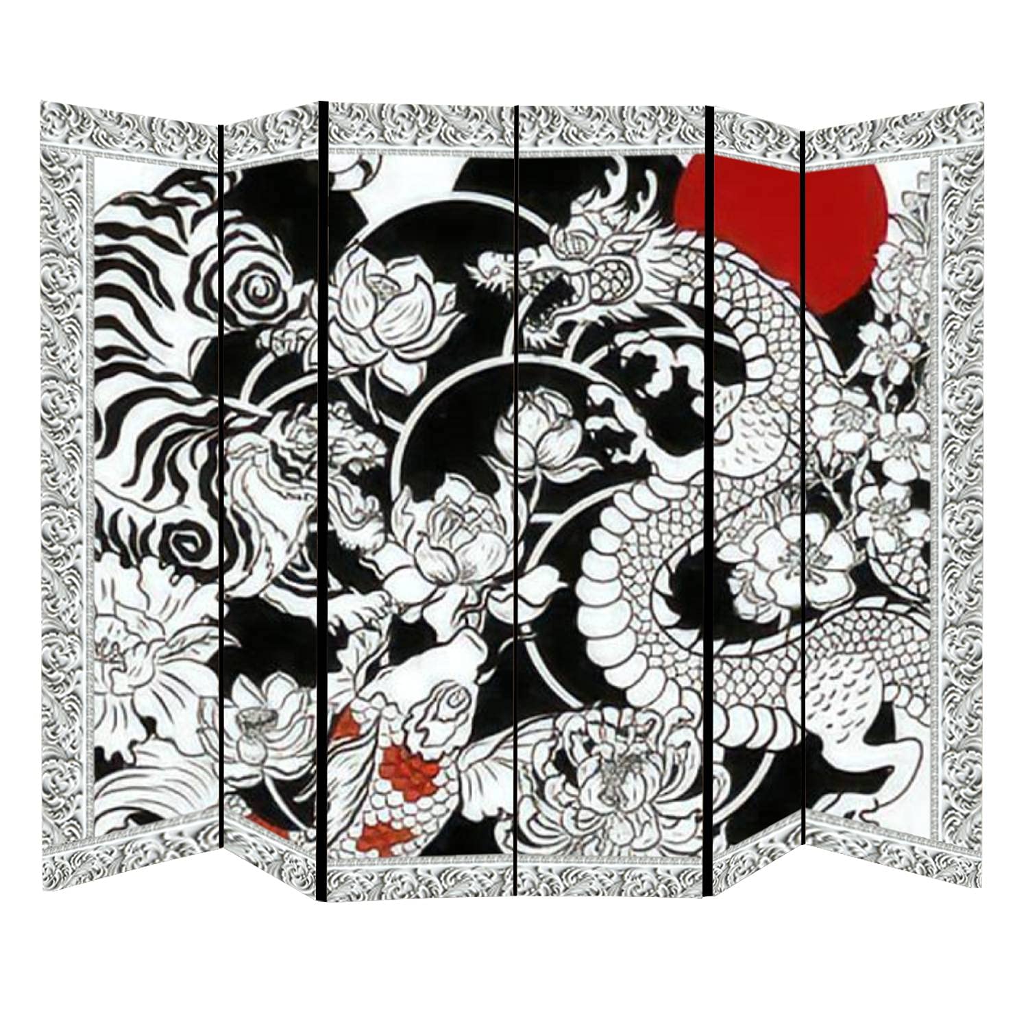 Dragon & Tiger Tattoo Canvas Room Divider - 6-Panel Folding Privacy Screen with Baroque Style Design for Home, Office, Bathroom & Pool Areas | Perfect for Creating Private Spaces, Room Separation & Decoration