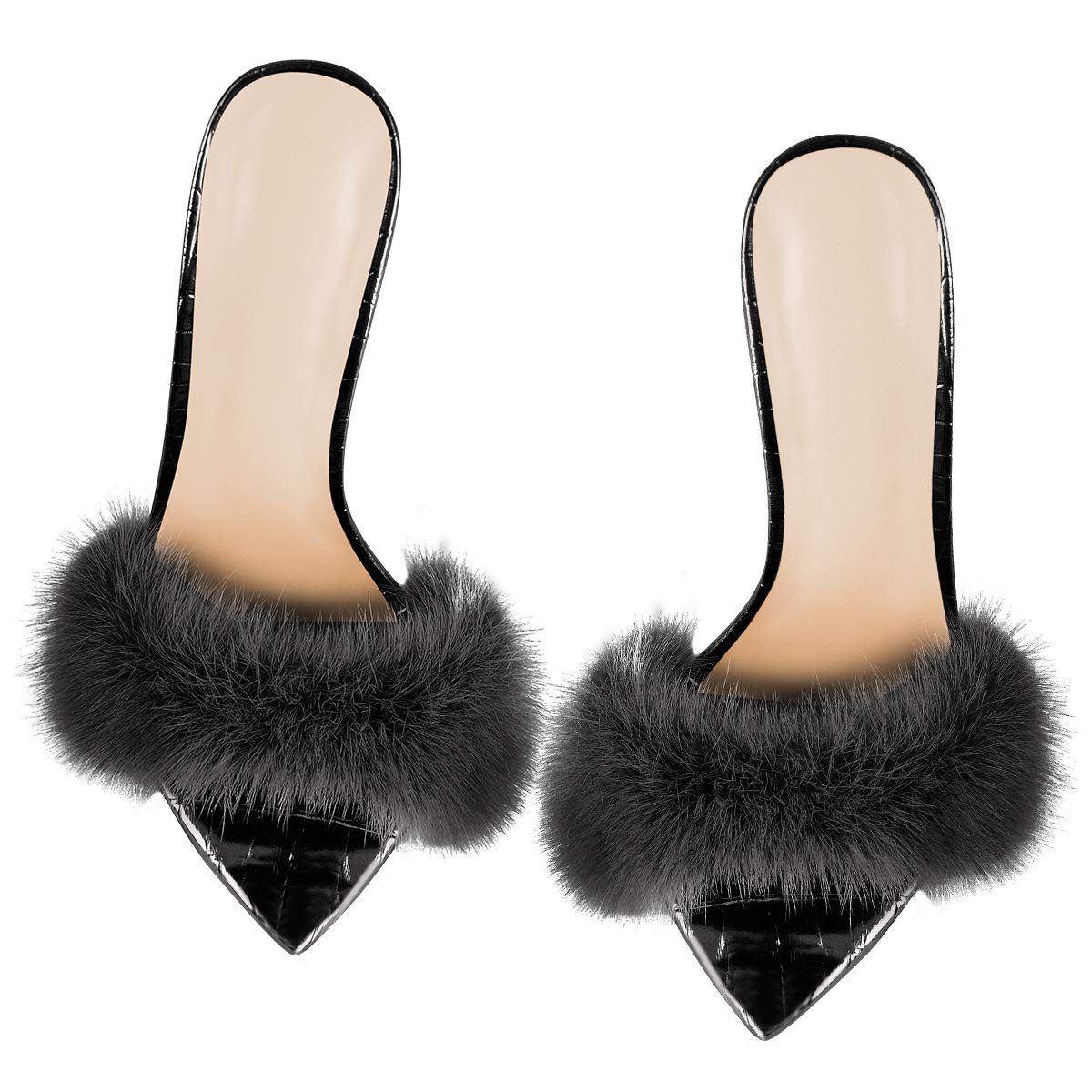 Only Maker Women's Fur Mules - Pointed Toe High Heel Stiletto Slippers for Winter Luxury Comfort & Fashion | Perfect for Parties, Weddings & Evening Events