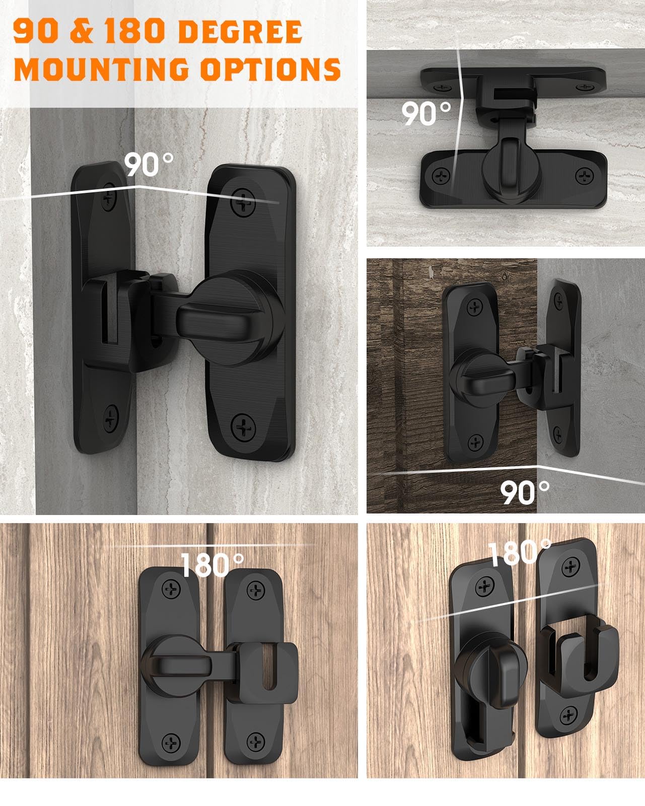 90/180 Degree Barn Door Lock - Small Flip Gate Latch Hardware for Sliding Doors - Secure Cabinet, Bathroom & Garden Doors (Black, 1Pc) - Perfect for Home, Office & Outdoor Use