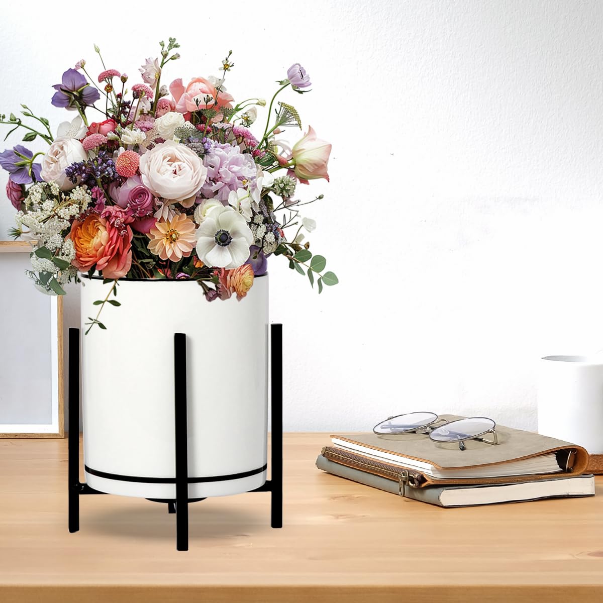 Black and White Ceramic Pencil Cup Holder for Desk - Stylish Pen Organizer with Black Trim, Makeup Brush Storage - Perfect for Office, Study, and Vanity Organization