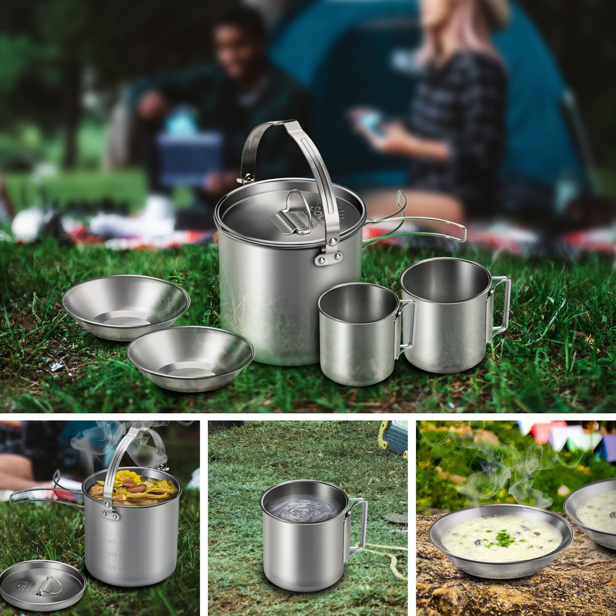 Lixada 5-Piece Stainless Steel Camping Cookware Set - Portable Kettle with 2 Cups, 2 Bowls & Foldable Handles - Perfect for Camping, Hiking, Picnics & Outdoor Adventures - Ideal for Boiling Water, Making Coffee, Tea & Cooking Meals in Nature