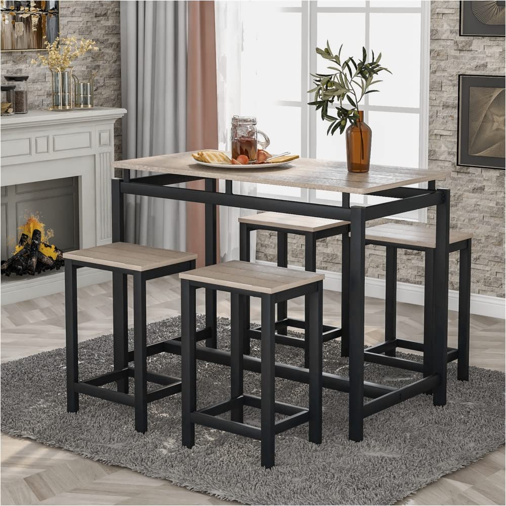 5-Piece Industrial Kitchen Counter Height Dining Set - Oak Table with 4 Chairs for Small Space, Breakfast Nook & Modern Farmhouse Decor