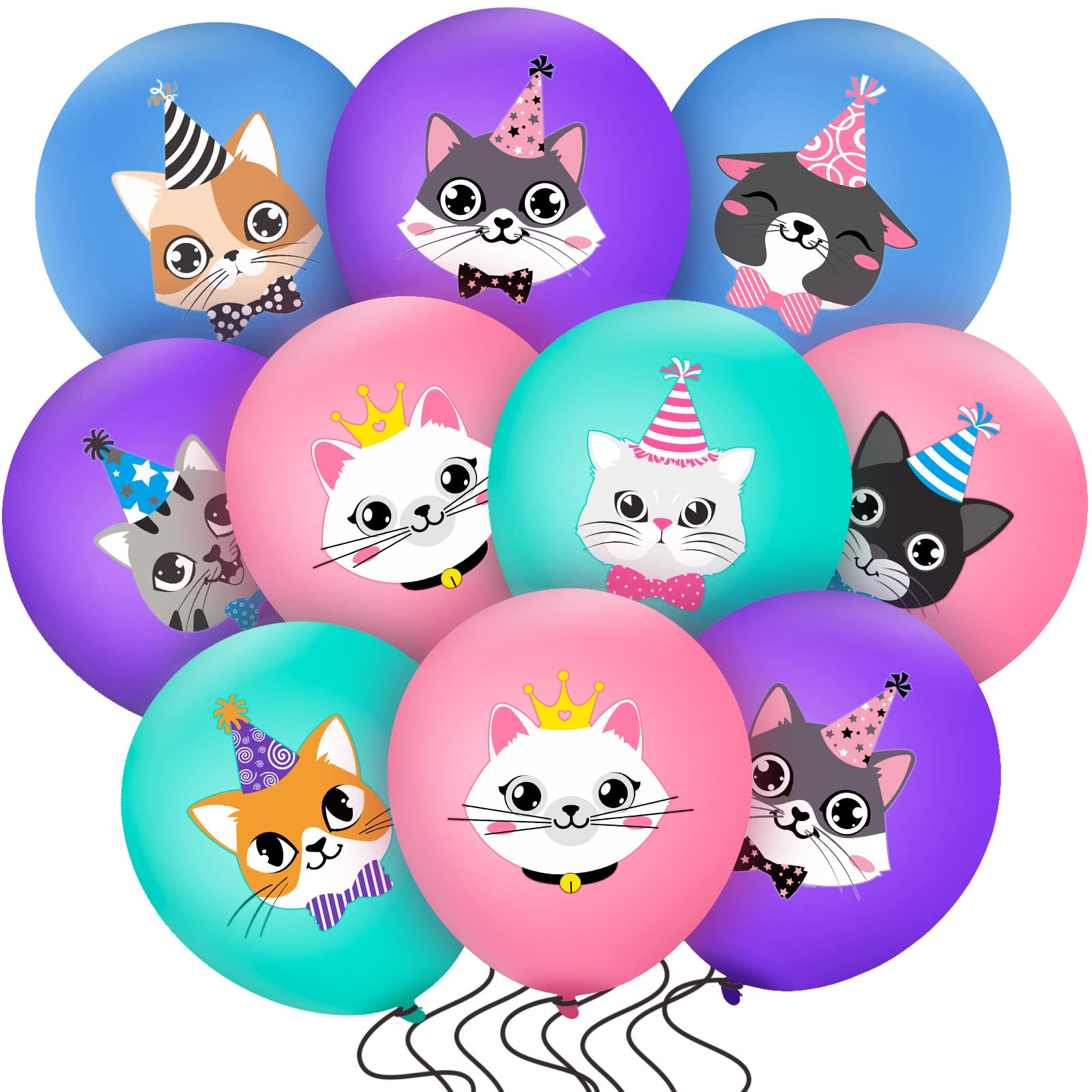 40 Pcs Cat Birthday Party Latex Balloons - Cute Cartoon Kitten Print Balloons for Cat Themed Decorations, Pet Birthday Party Supplies in Blue, Pink, Purple & Green | Perfect for Kitty Birthday Parties, Baby Showers & Animal Lover Events