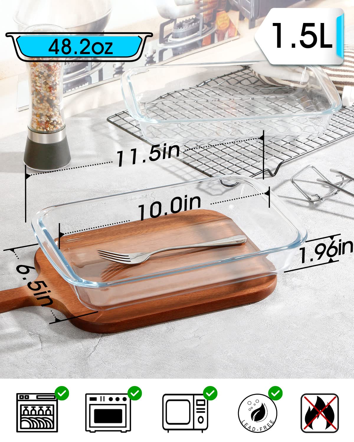 2-Pack Mini 1.5 Quart Glass Baking Dishes for Oven - Single Serve Oblong Casserole Pans, Rectangular Bakeware for Cooking & Meal Prep | Perfect for Lasagna, Brownies & Small Batch Baking