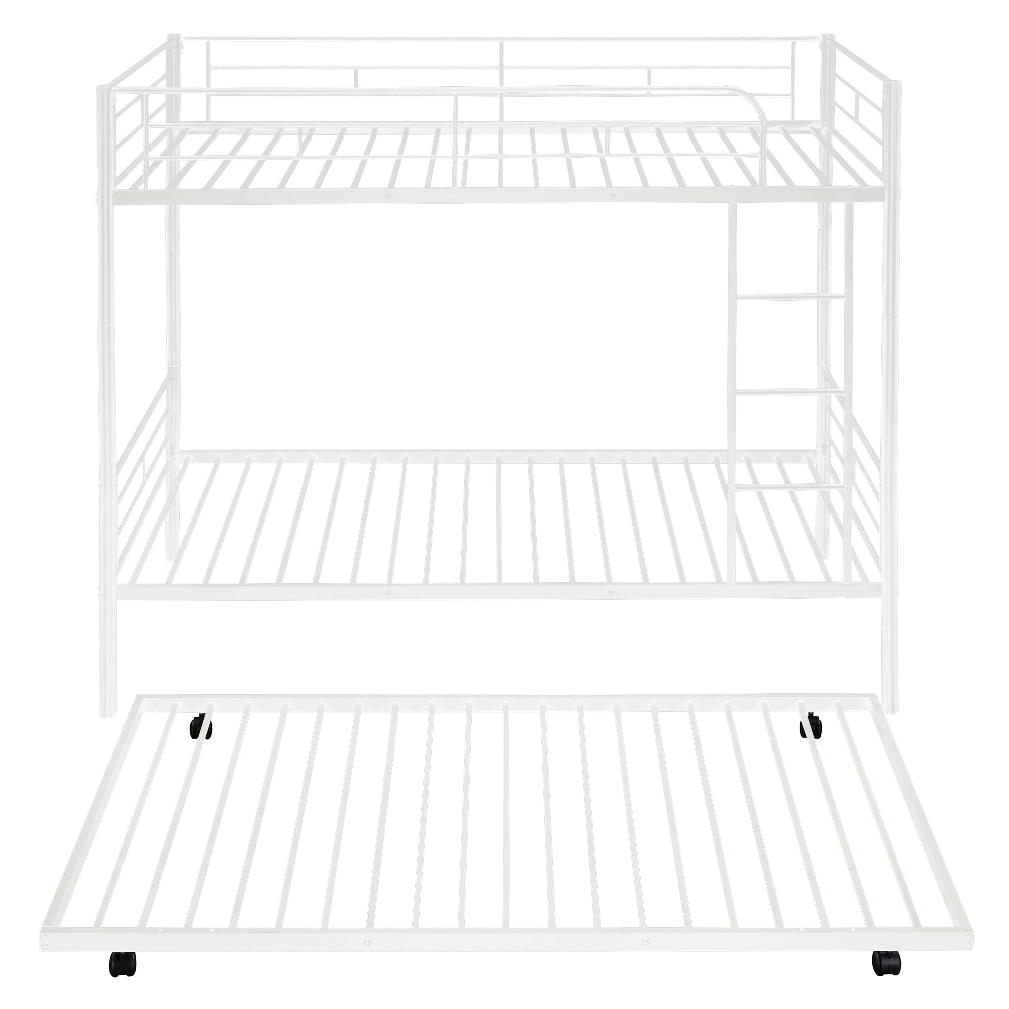 P PURLOVE Twin Over Twin Metal Bunk Bed with Trundle - Convertible to 2 Separate Beds - Sturdy Frame with Ladder - No Box Spring Required - White - Perfect for Kids' Bedroom, Guest Room & Space-Saving Solutions