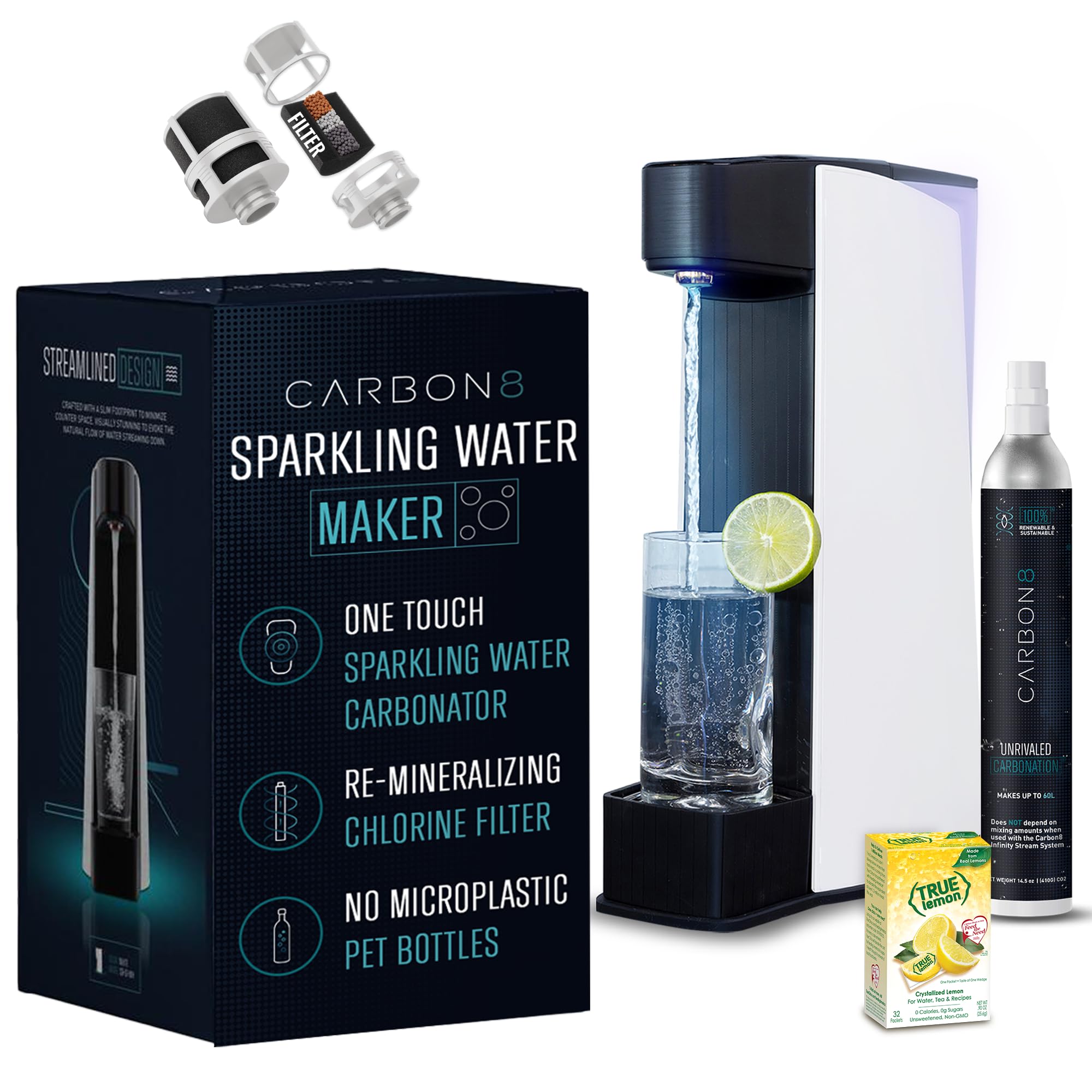 Carbon8 Sparkling Water Maker Machine - Home Soda Stream with Screw-In CO2 Carbonator | Countertop Water Carbonation System for Fresh Seltzer & Sparkling Drinks | Includes CO2 Cylinder (White) - Perfect for Kitchen, Office, Parties & Healthy Hydration