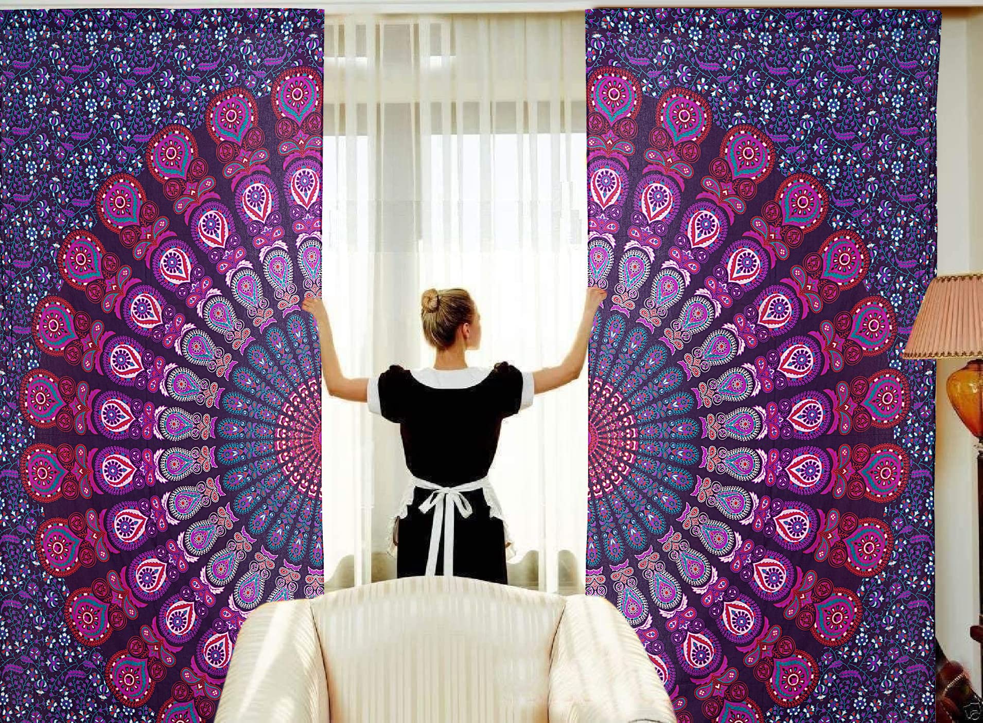 Indian Mandala Curtains for Living Room & Balcony - 82x27 Inches Light Filtering Bohemian Room Divider with Blackout Feature in Lavender - Perfect for Home Decor, Yoga Studios and Meditation Spaces