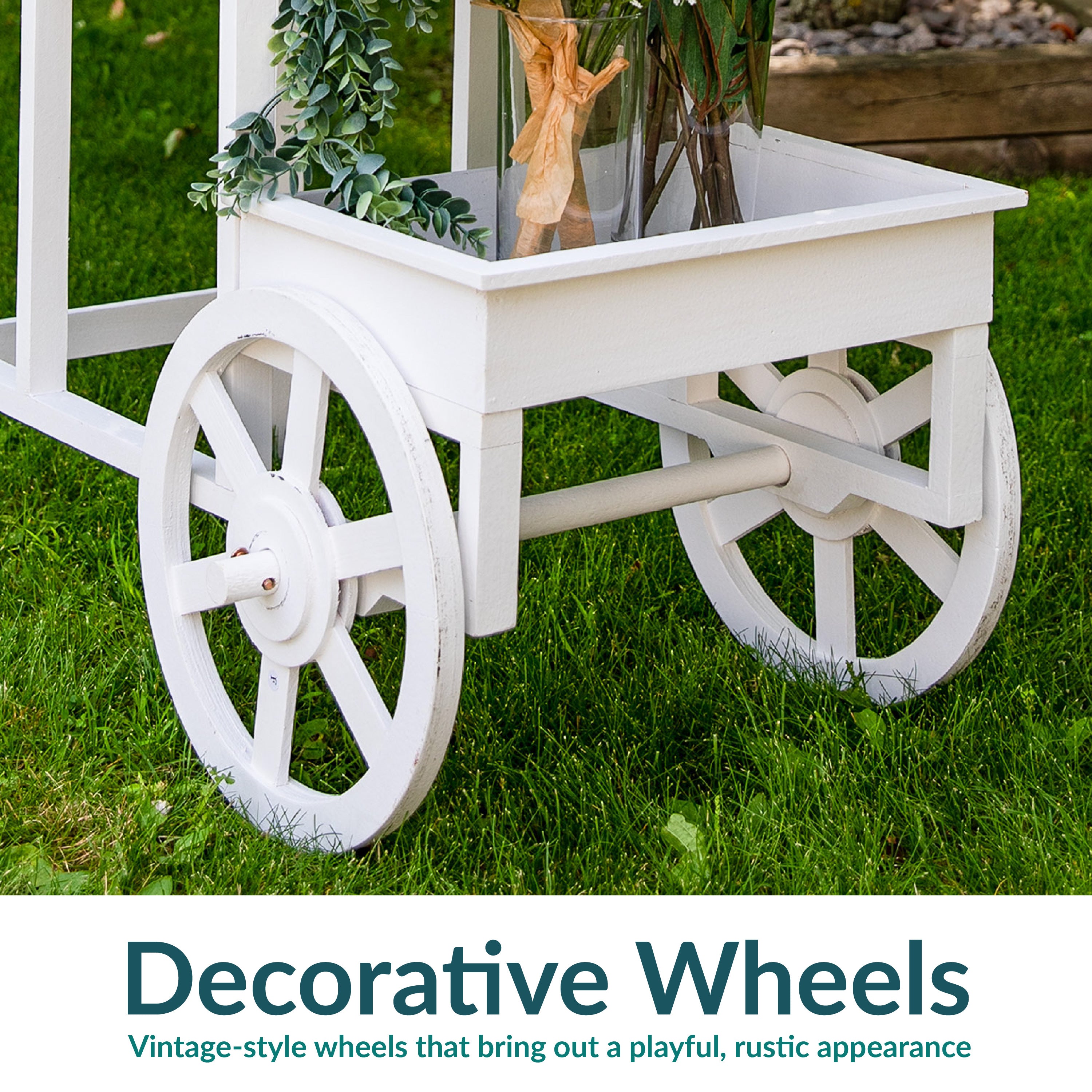 3-Tier Rolling Flower Cart Stand with Wheels - White Metal Garden Plant Display Rack for Indoor & Outdoor Decor, Patio, Balcony, and Backyard