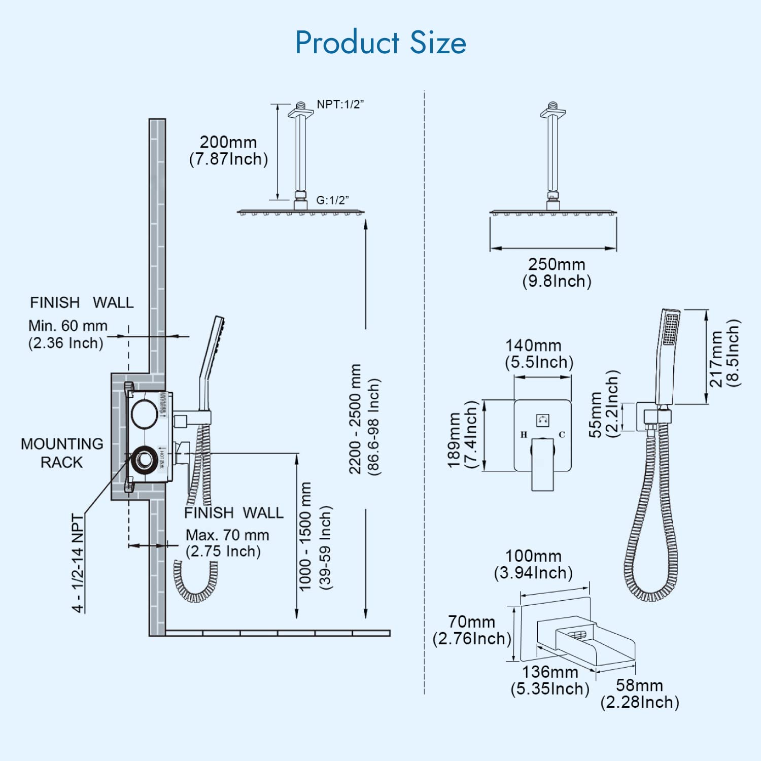 Premium 10 Inch Rainfall Shower Head with Handheld Spray & Waterfall Spout - 3 Function Ceiling Mount Bathroom Shower System in Polish Chrome | Perfect for Spa-Like Luxury Bathing Experience & Modern Bathroom Renovations