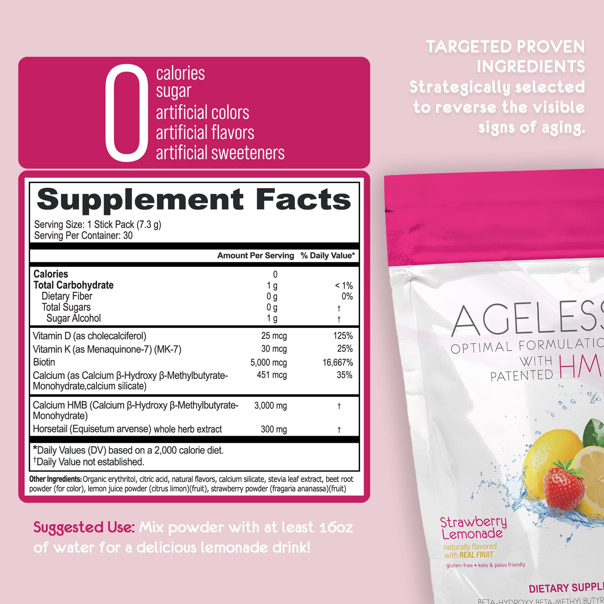 Premium Biotin & HMB Supplement Capsules with Strawberry Lemonade Powder - Anti-Aging Vitamins for Women | Hair, Skin & Nail Support | Daily Beauty & Wellness Routine