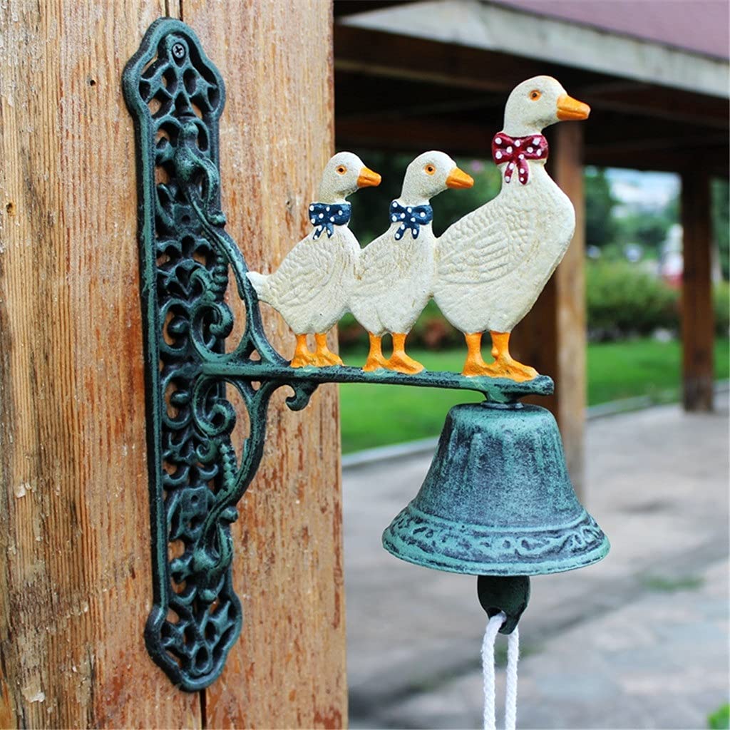 Antique Green & White Duck Cast Iron Wall Bell - Double-Sided Hand-Cranked Welcome Door Ring for Home & Garden Decor - Perfect for Farmhouse, Cottage & Vintage Style Entryways