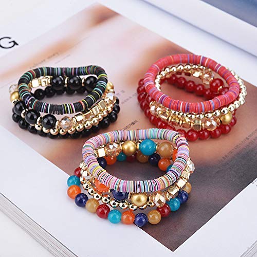 Boho Bracelets for Women - 5 Sets Multilayer Stackable Crystal Beaded Stretch Bracelets, Sparkly Beaded Jewelry Set for Casual Wear, Parties & Gift Giving
