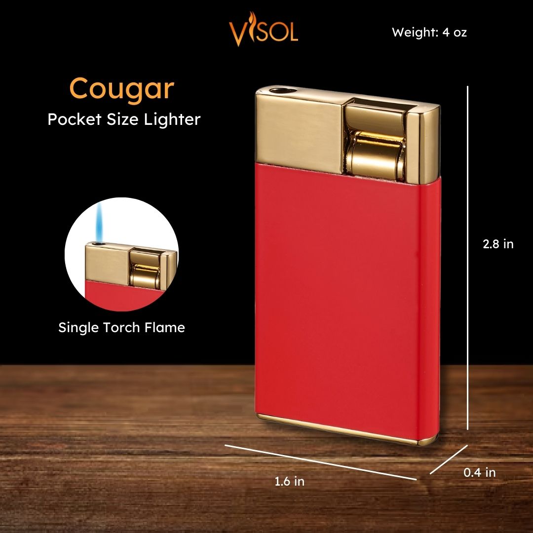 Visol Cougar Single Flame Cigar Lighter - Red & Gold Finish | Windproof Butane Torch for Cigars, Cigarettes & Outdoor Use | Perfect for Smoking, Camping & Gifts