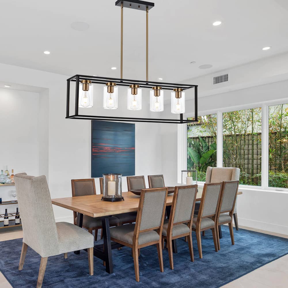 VINLUZ 5-Light Farmhouse Chandelier with Clear Glass Shade - Black & Brushed Brass Rectangular Pendant Light for Kitchen Island, Dining Room, and Industrial Ceiling Lighting | Perfect for Modern Farmhouse, Rustic, and Industrial Style Home Decor