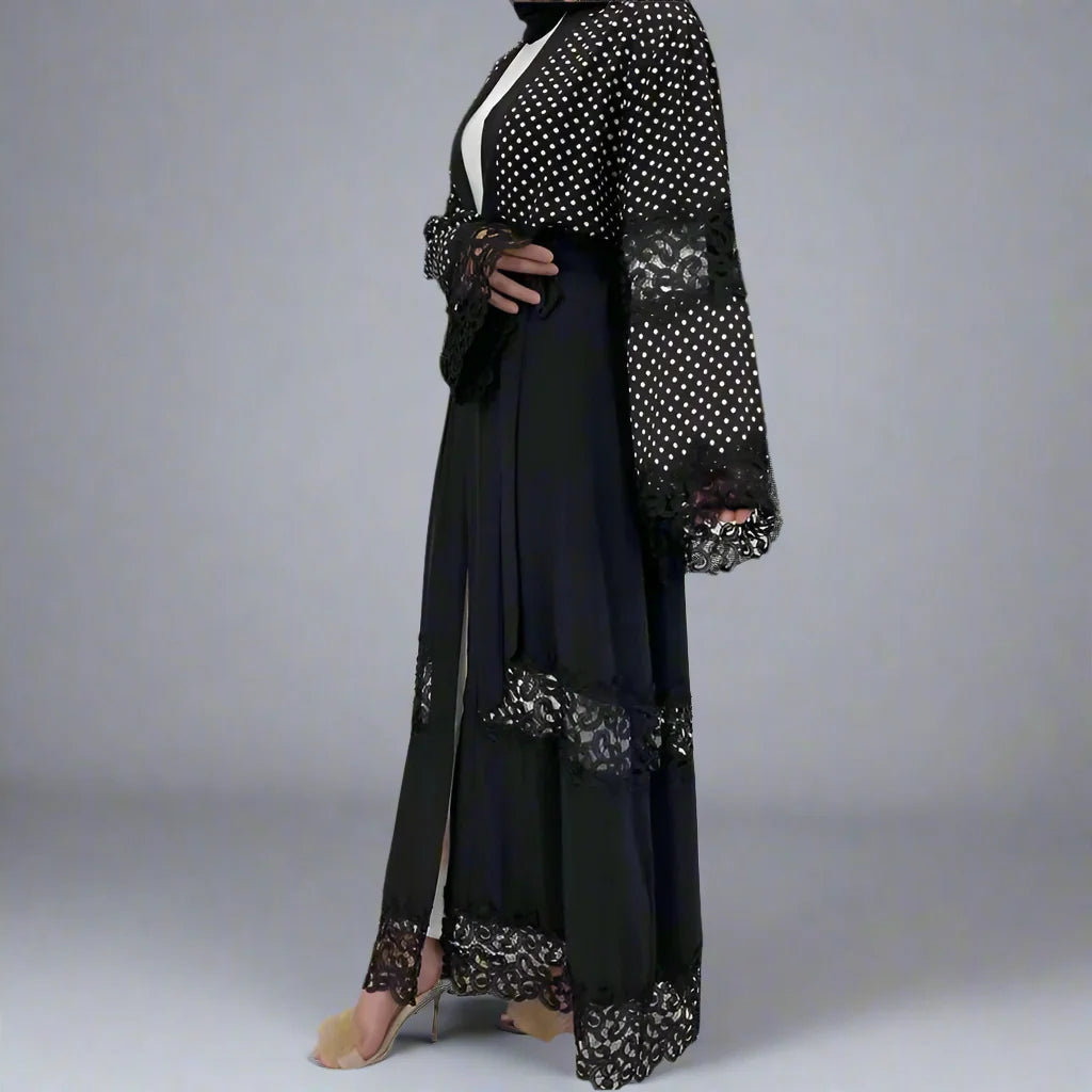 Elegant Lace Polka Dot Cardigan Open Abaya Dress for Women - Stylish Muslim Fashion for Casual Wear, Office & Special Occasions